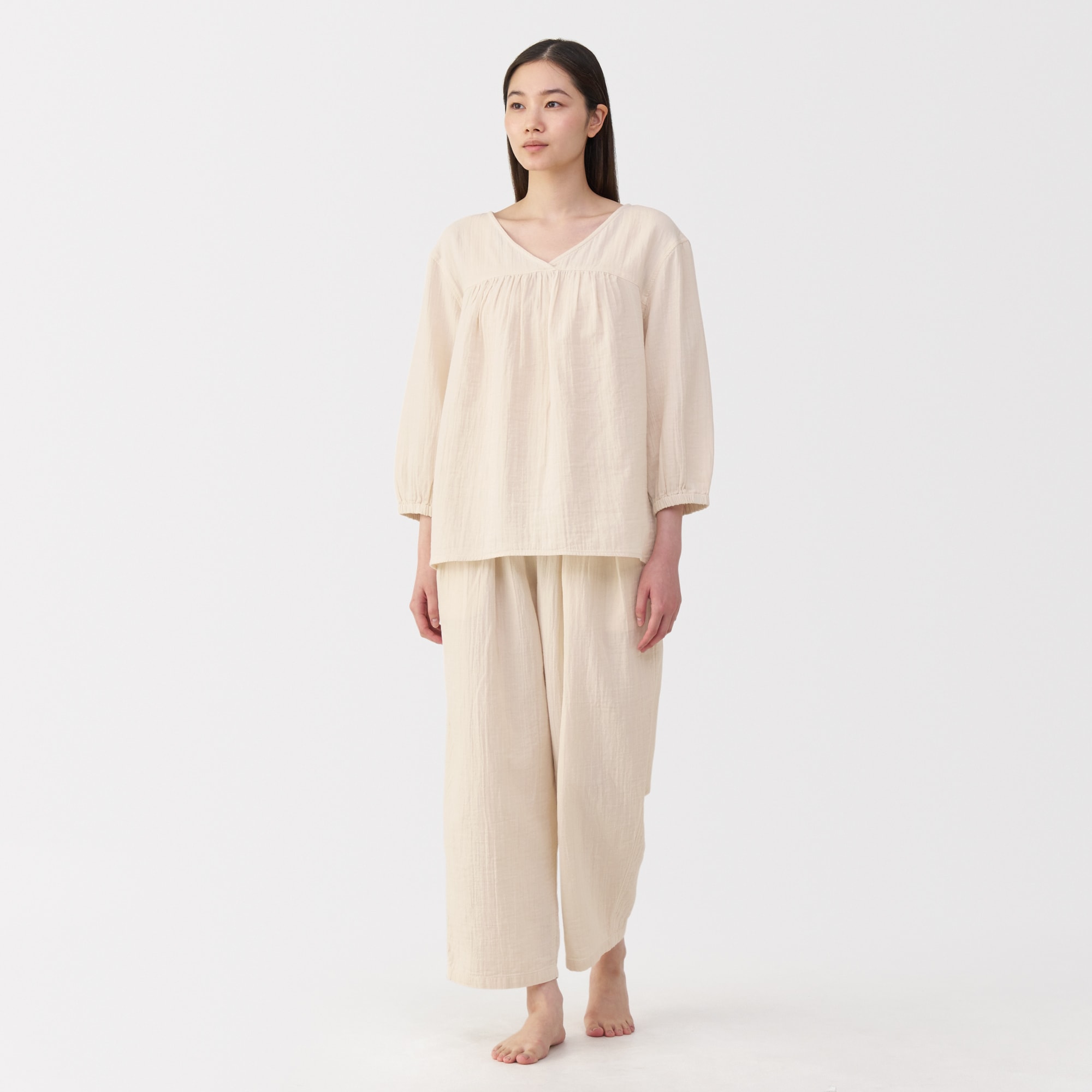 婦人　ふんわりしぼガーゼ　八分袖ルームウェアセット