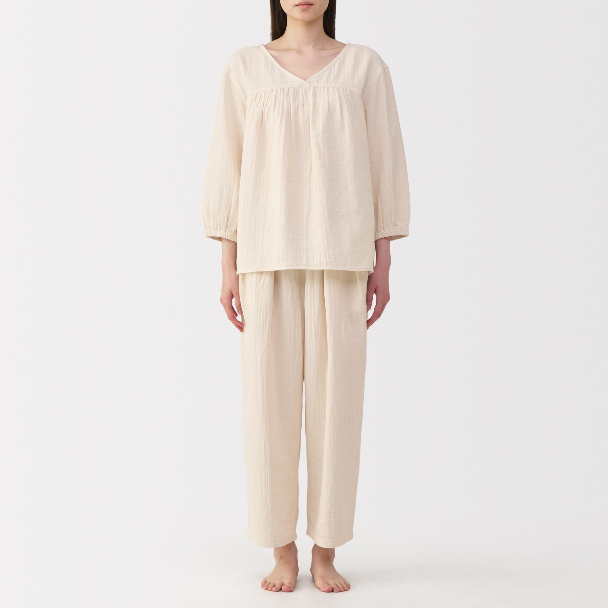 婦人　ふんわりしぼガーゼ　八分袖ルームウェアセット