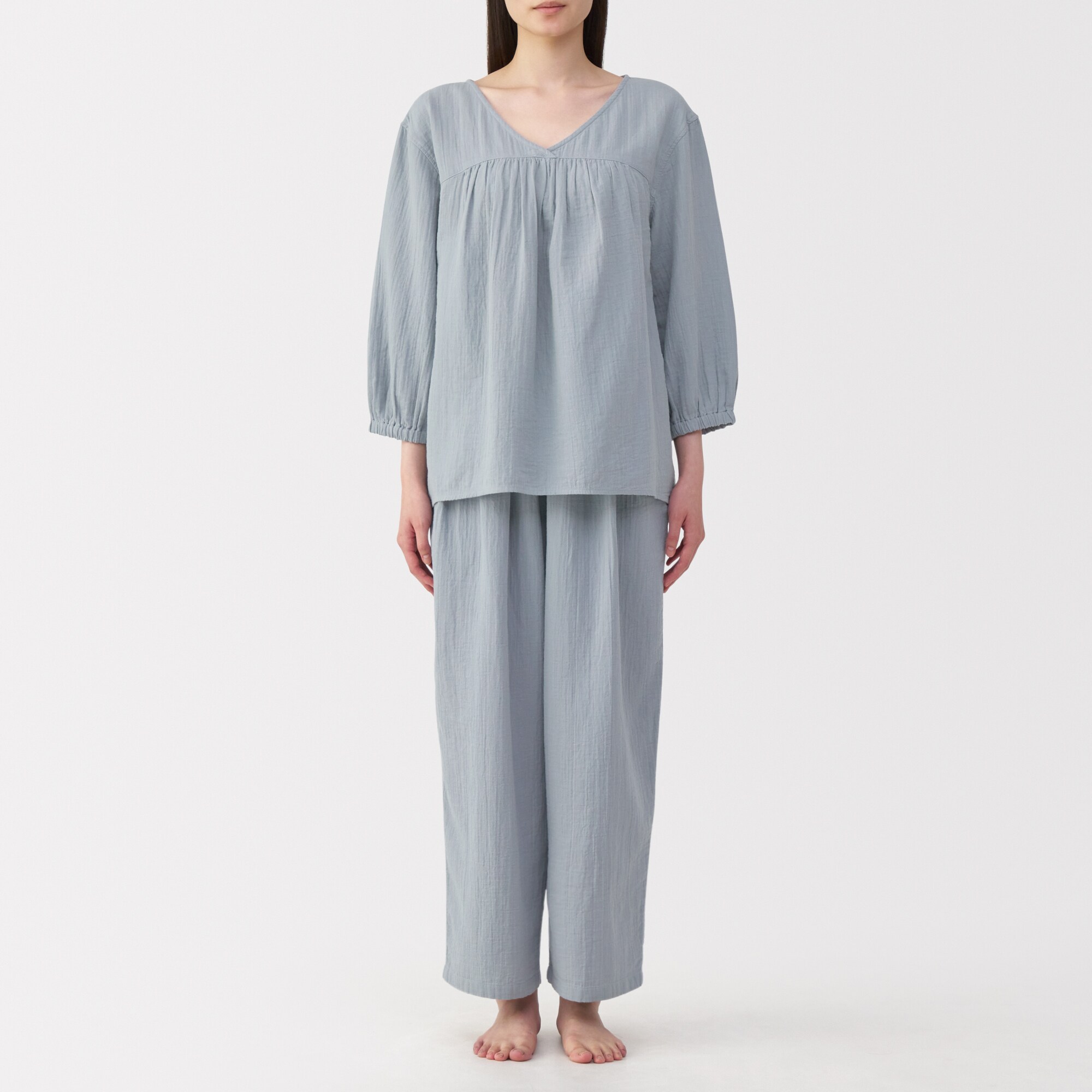 婦人　ふんわりしぼガーゼ　八分袖ルームウェアセット