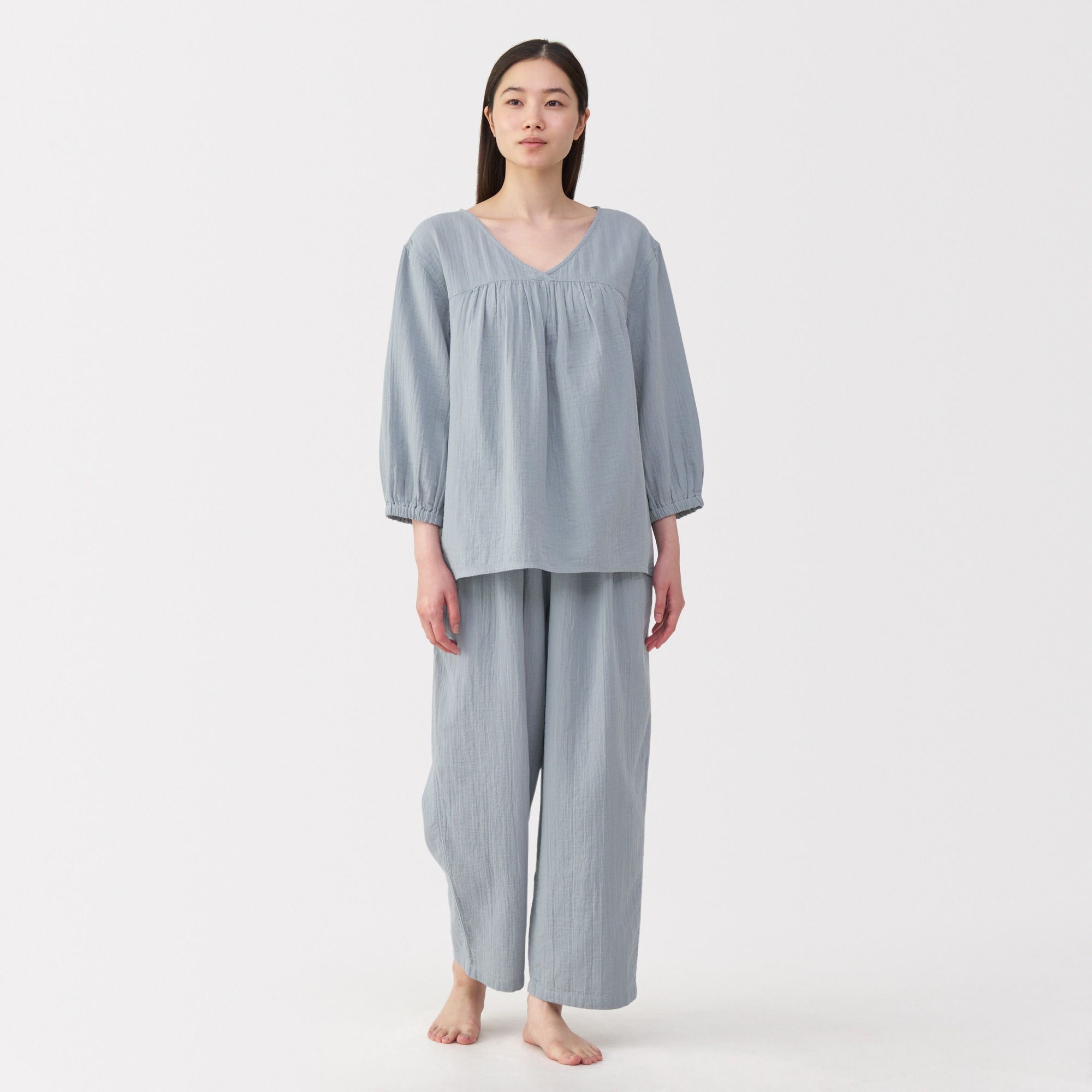 婦人　ふんわりしぼガーゼ　八分袖ルームウェアセット
