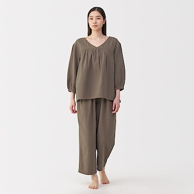 婦人　ふんわりしぼガーゼ　八分袖ルームウェアセット