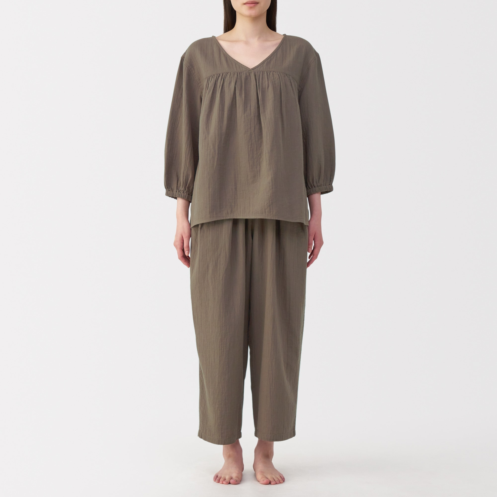 婦人　ふんわりしぼガーゼ　八分袖ルームウェアセット