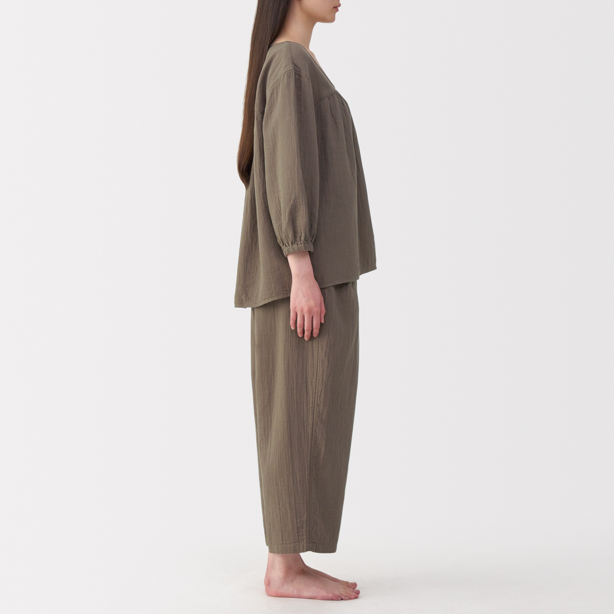 婦人　ふんわりしぼガーゼ　八分袖ルームウェアセット