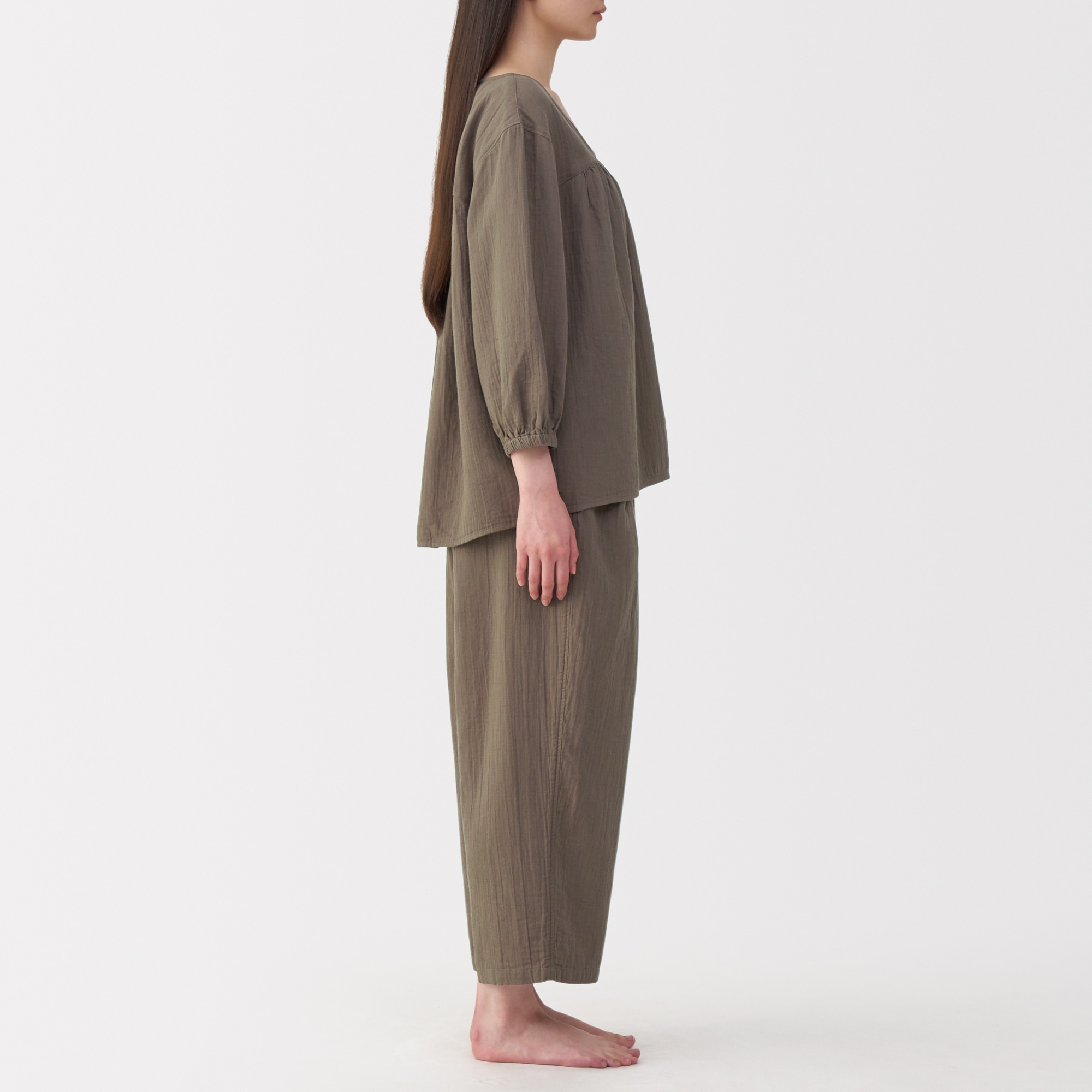 婦人　ふんわりしぼガーゼ　八分袖ルームウェアセット