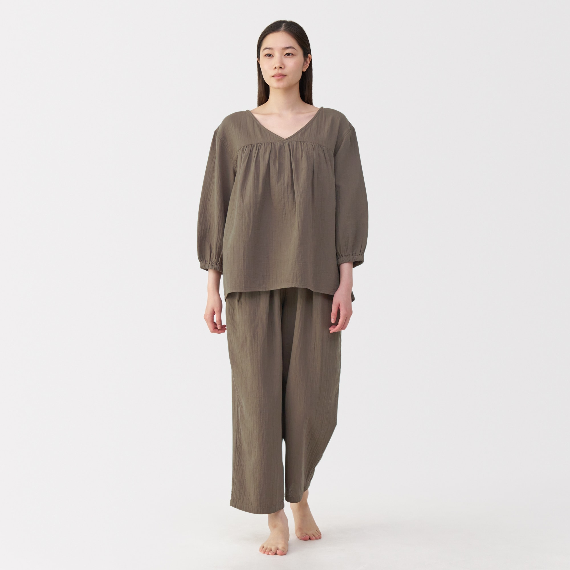 婦人　ふんわりしぼガーゼ　八分袖ルームウェアセット