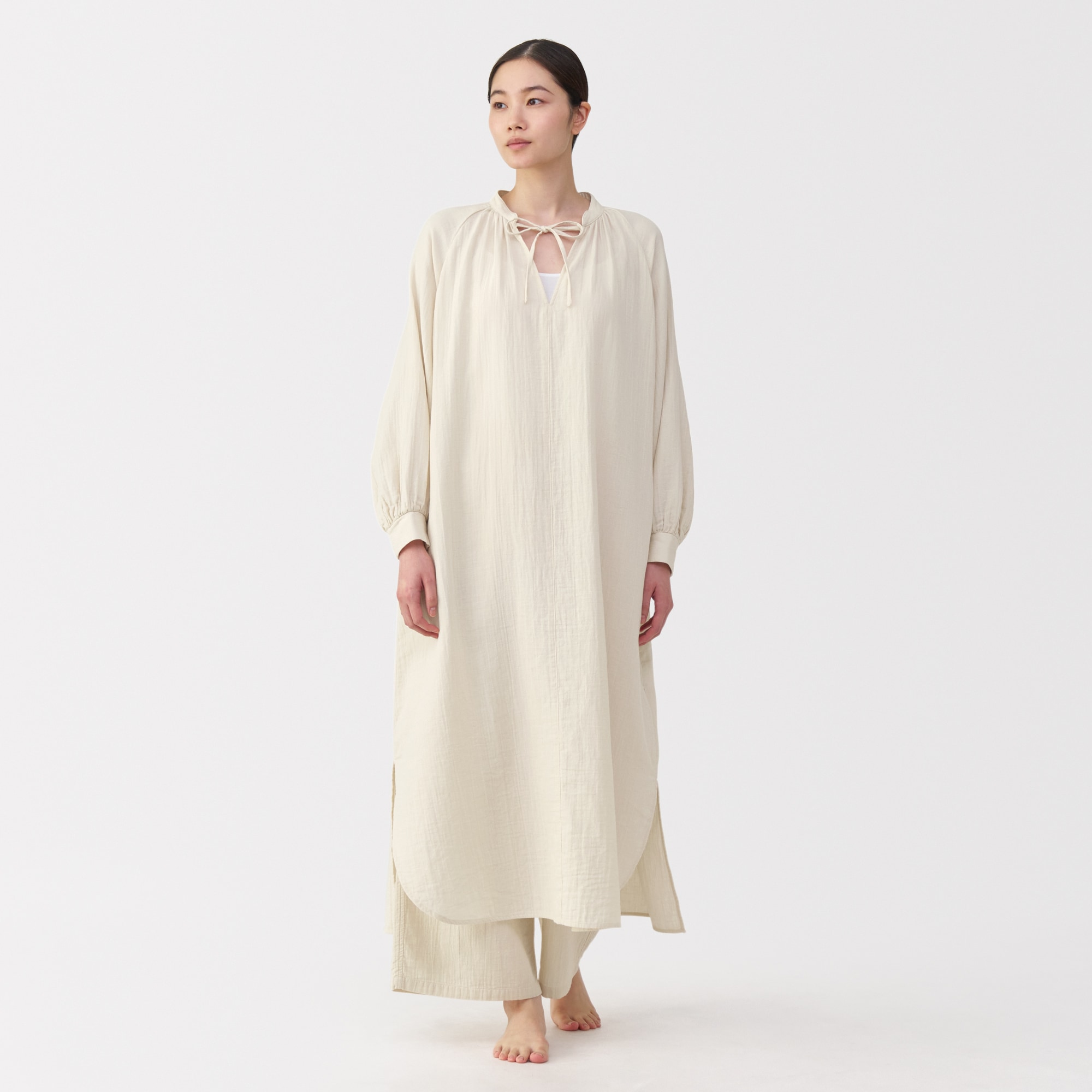 婦人　ふんわりしぼガーゼ　ロングワンピース