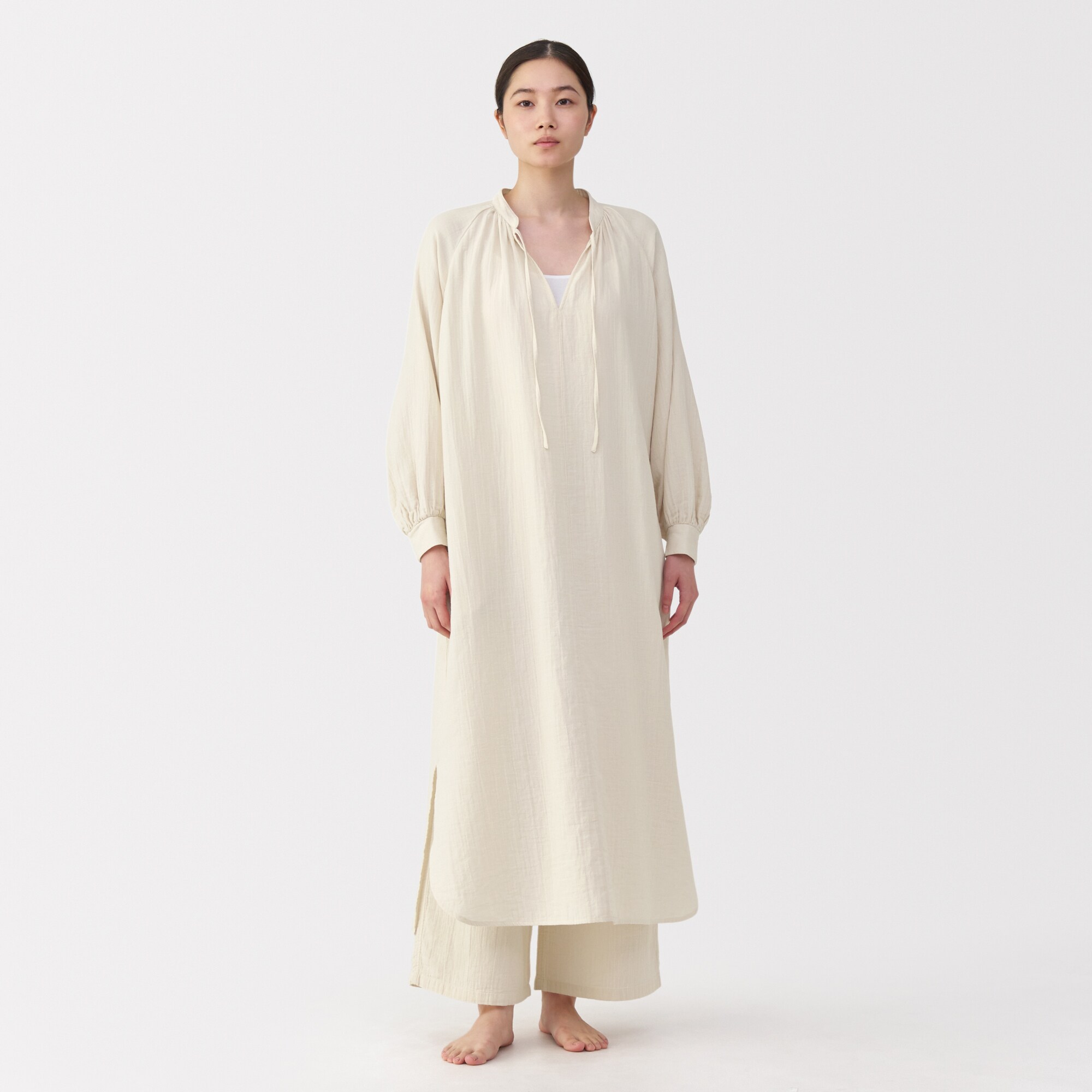 婦人　ふんわりしぼガーゼ　ロングワンピース