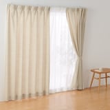 ポリエステルバスケット織　プリーツカーテン・２枚組