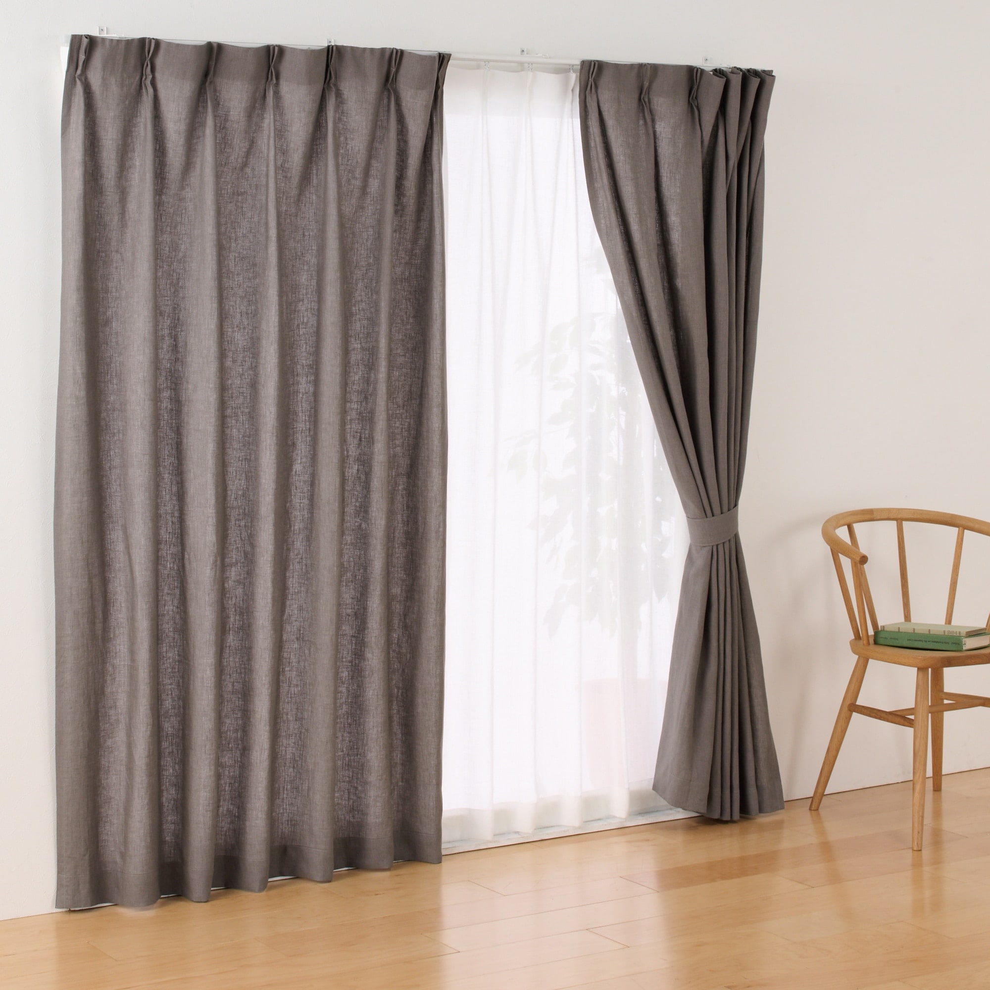 麻平織　プリーツカーテン・２枚組