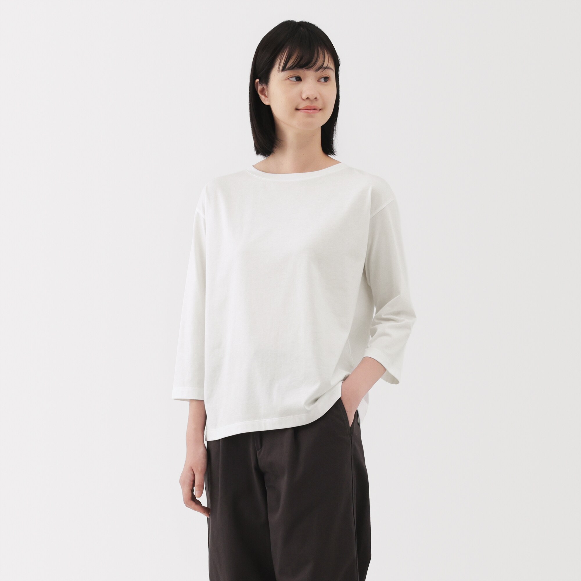 婦人　天竺編みボートネック七分袖Ｔシャツ