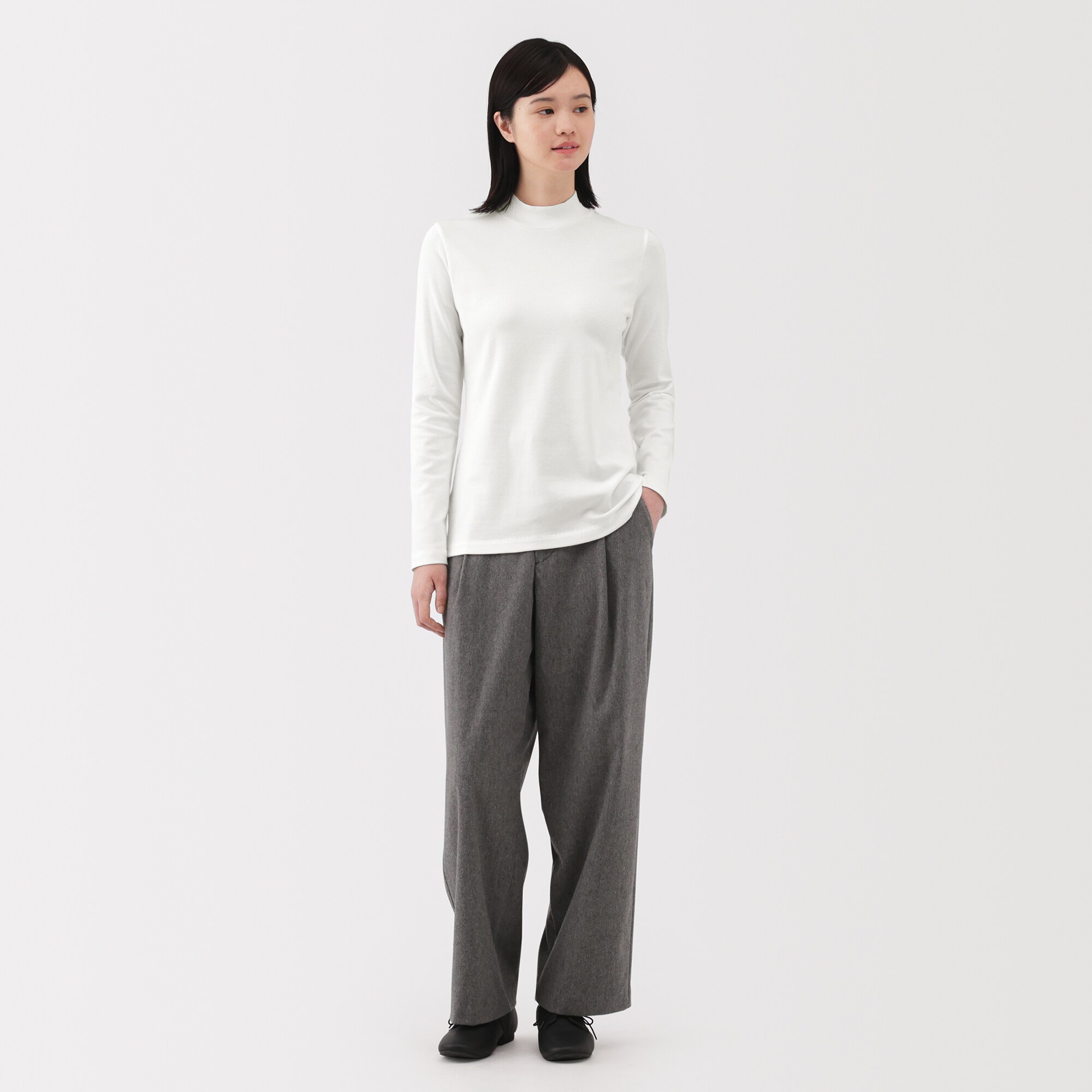 婦人　起毛フライス編みハイネック長袖Ｔシャツ