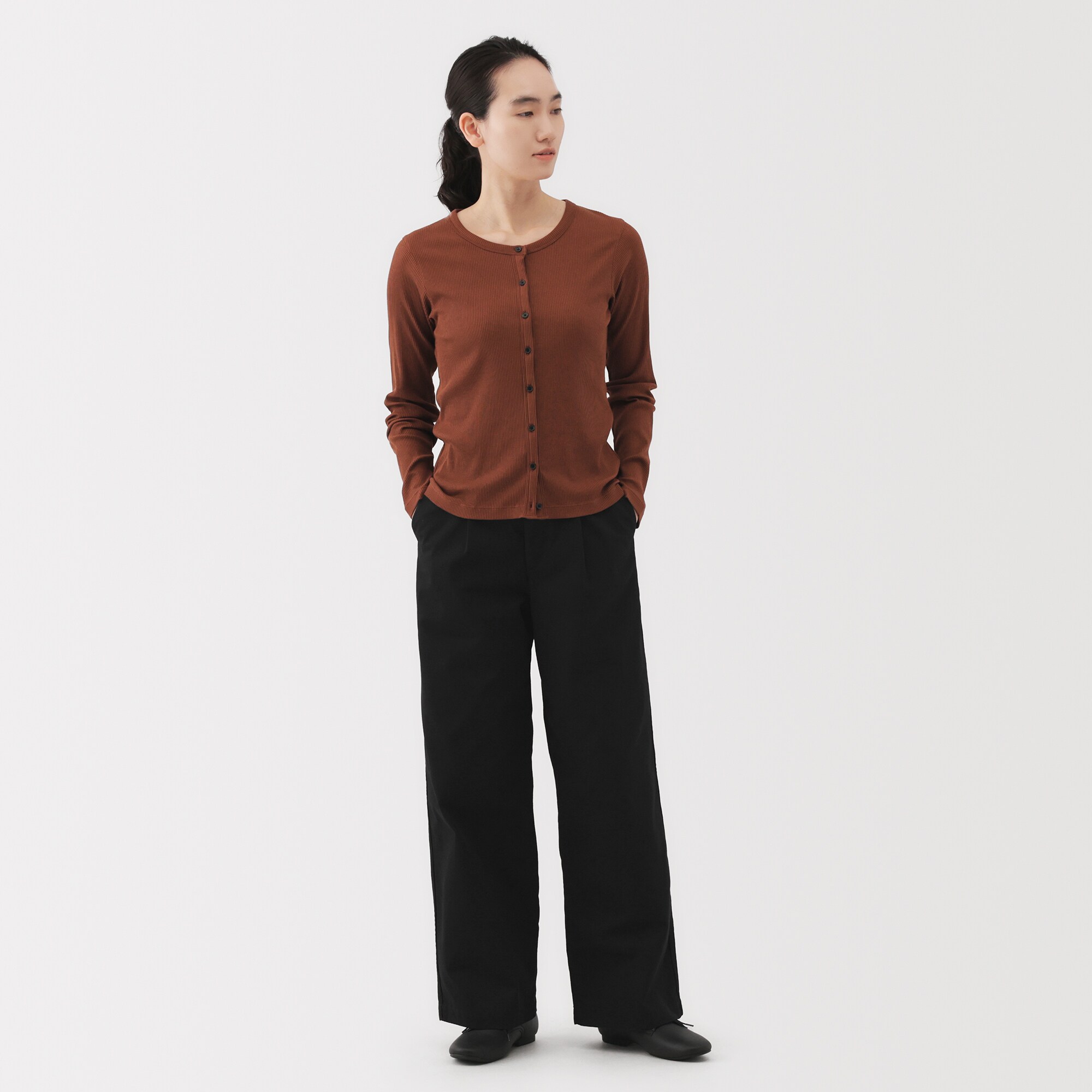 婦人　ムラ糸　チノタックワイドパンツ　股下長め