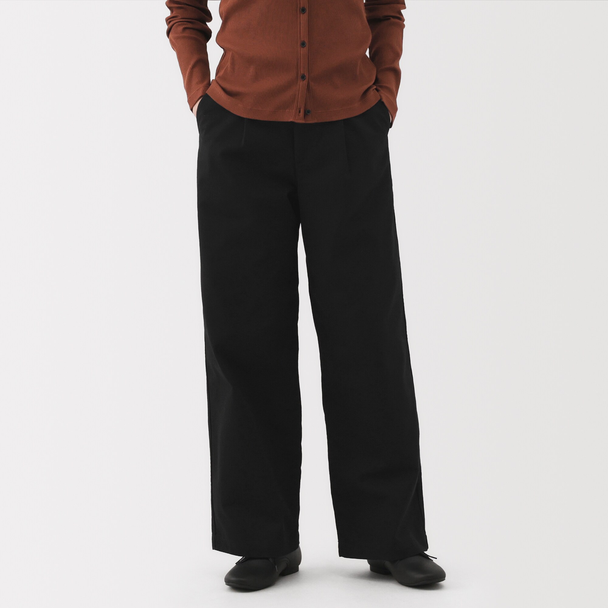 婦人　ムラ糸　チノタックワイドパンツ　股下長め