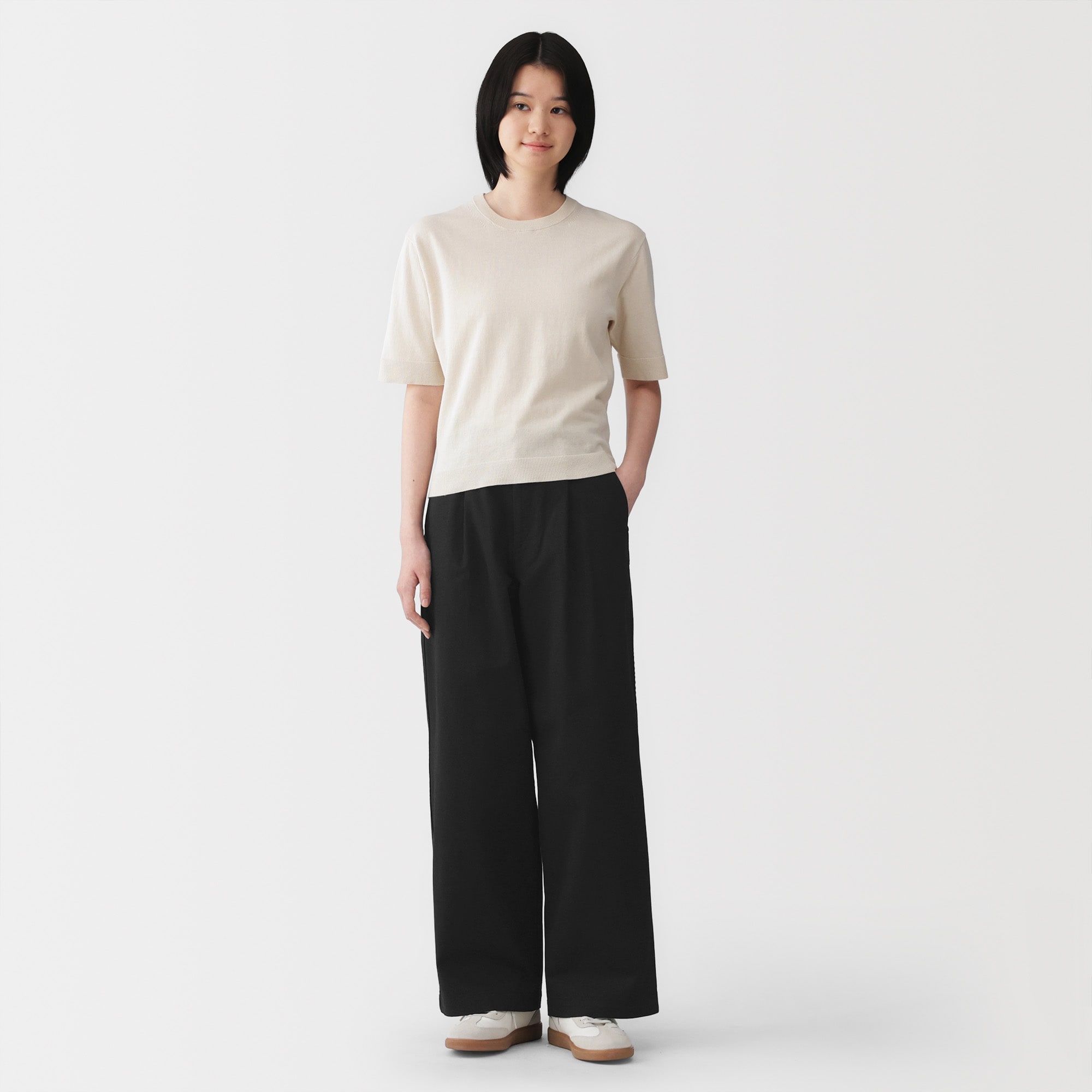 婦人　ムラ糸　チノタックワイドパンツ