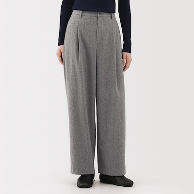 婦人　縦横ストレッチ起毛　タックワイドパンツ