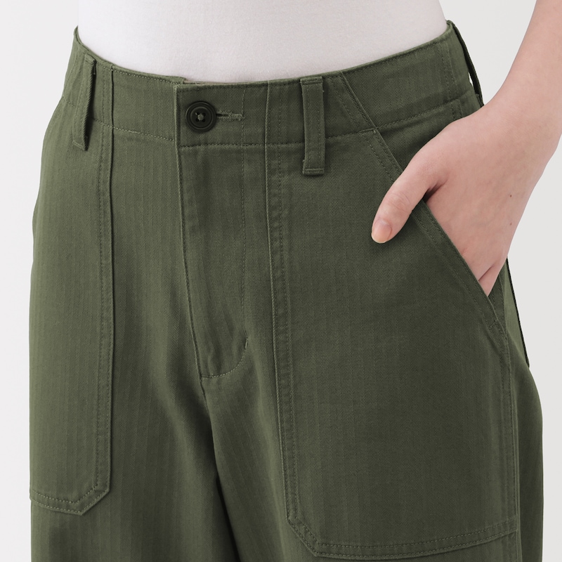 婦人　洗いざらし　ヘリンボーンベイカーストレートパンツ