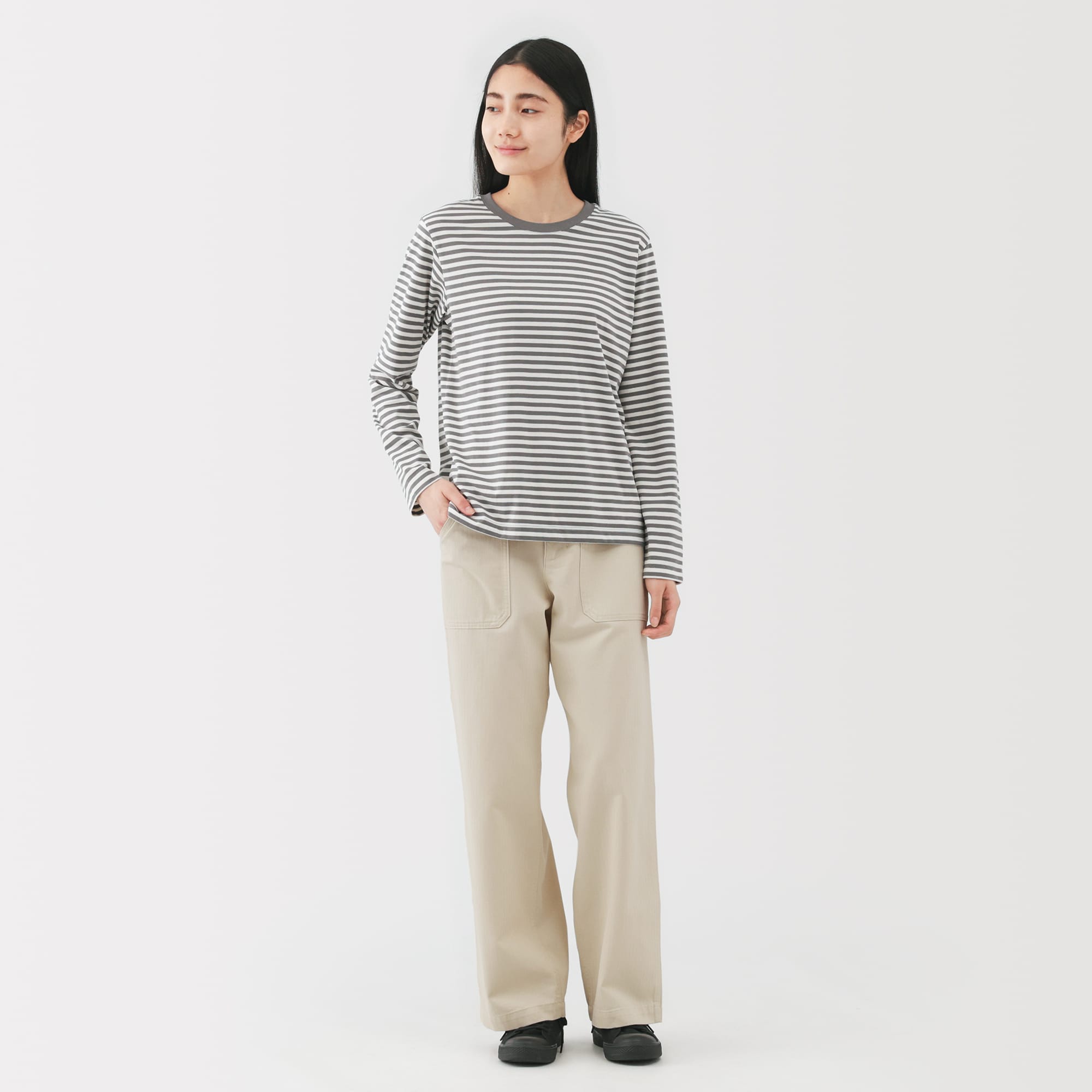 婦人　洗いざらし　ヘリンボーンベイカーストレートパンツ