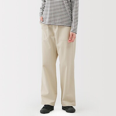 婦人　洗いざらし　ヘリンボーンベイカーストレートパンツ