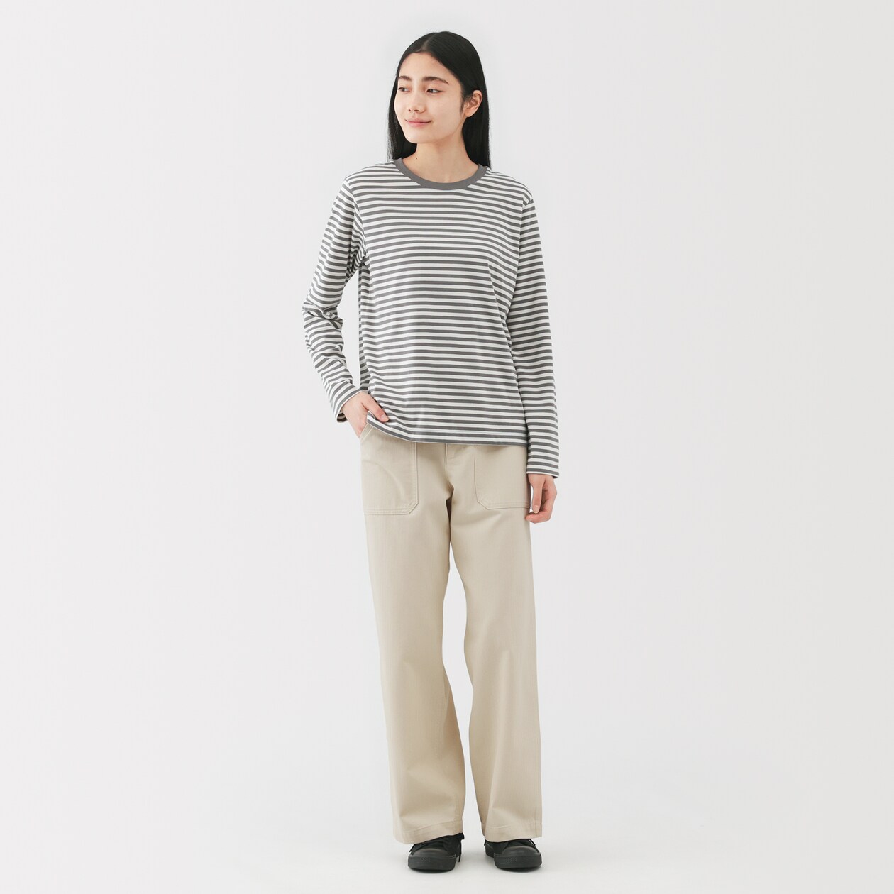 婦人　洗いざらし　ヘリンボーンベイカーストレートパンツ