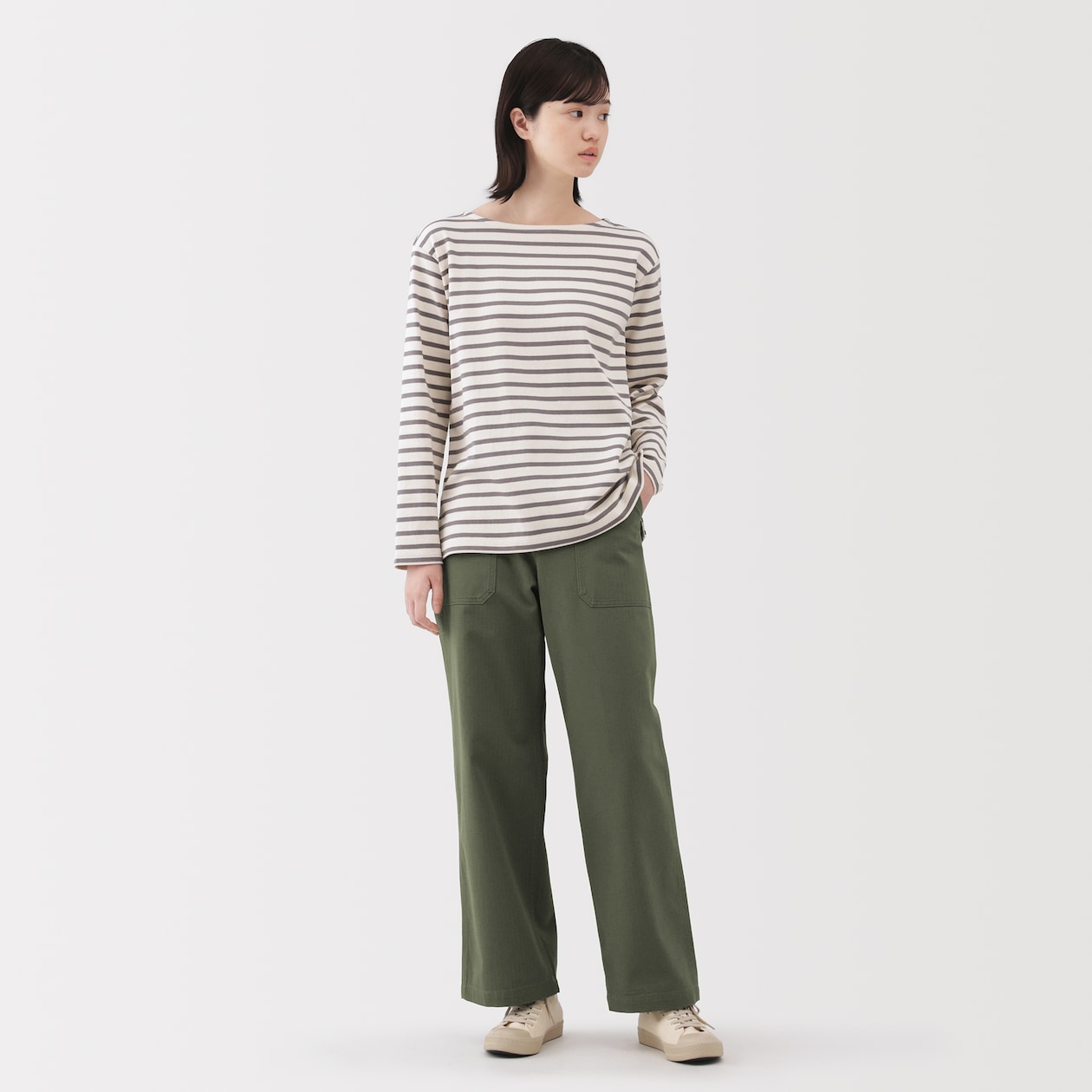 婦人　洗いざらし　ヘリンボーンベイカーストレートパンツ