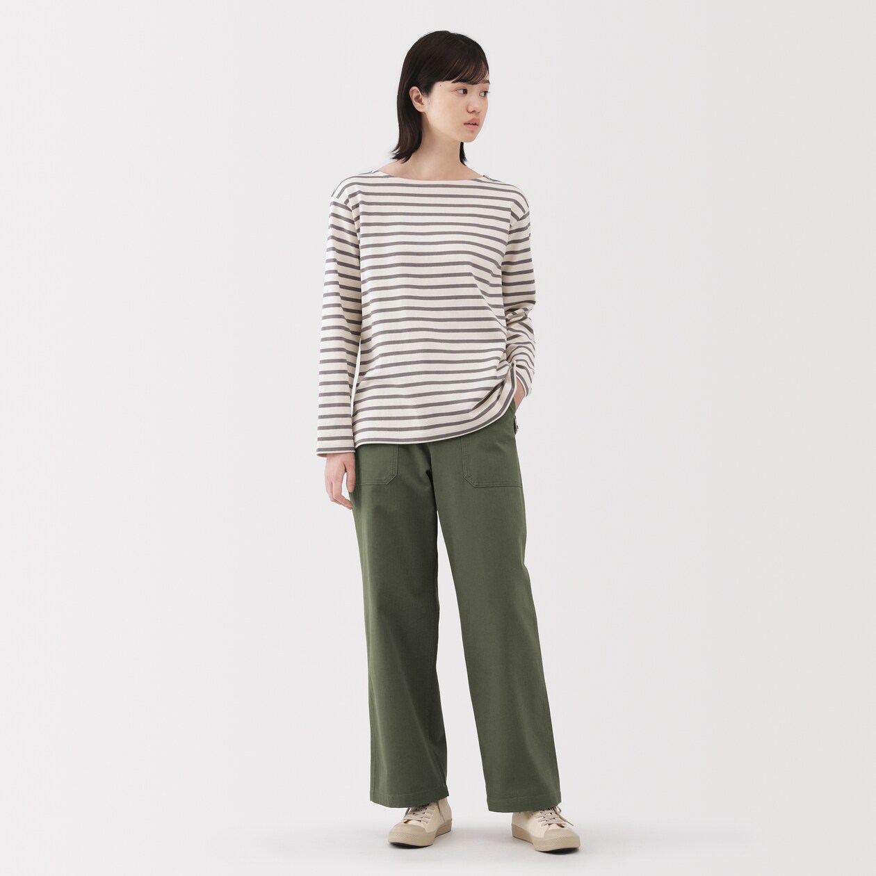 婦人　洗いざらし　ヘリンボーンベイカーストレートパンツ