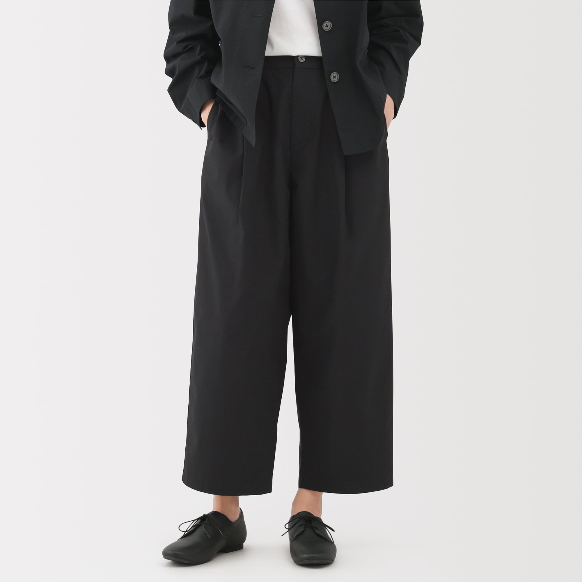 婦人　乾きやすい　ブロードワイドテーパードパンツ