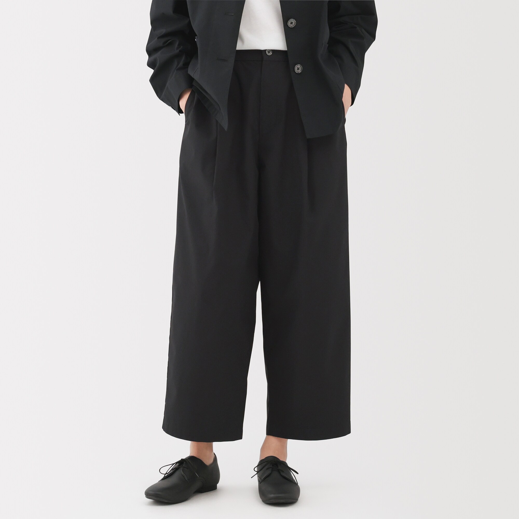 婦人　乾きやすい　ブロードワイドテーパードパンツ