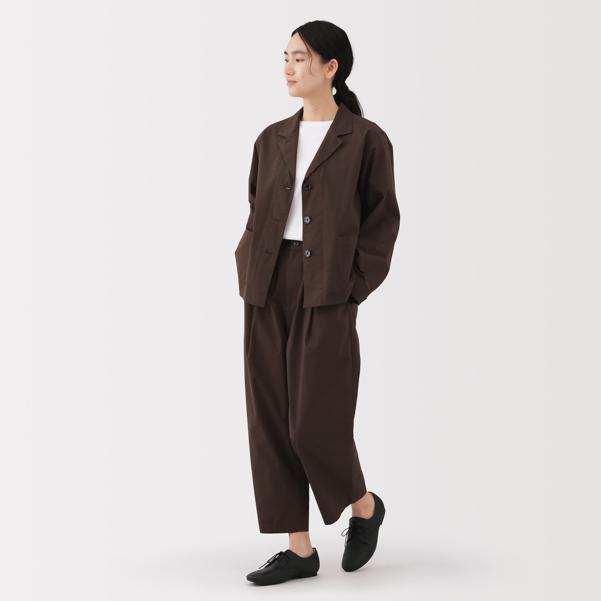 婦人　乾きやすい　ブロードワイドテーパードパンツ