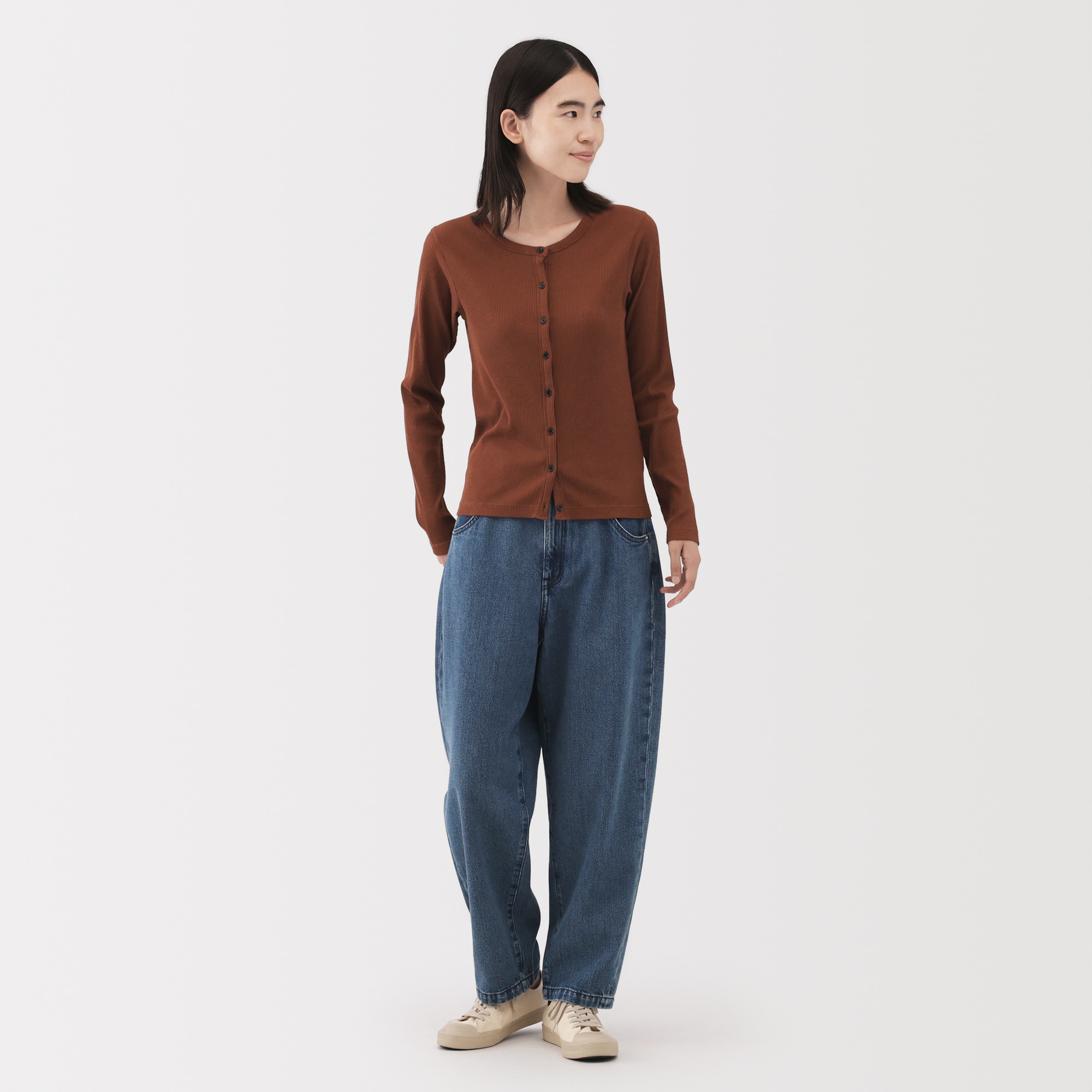 婦人　木の実から作ったカポック混　デニムバレルパンツ