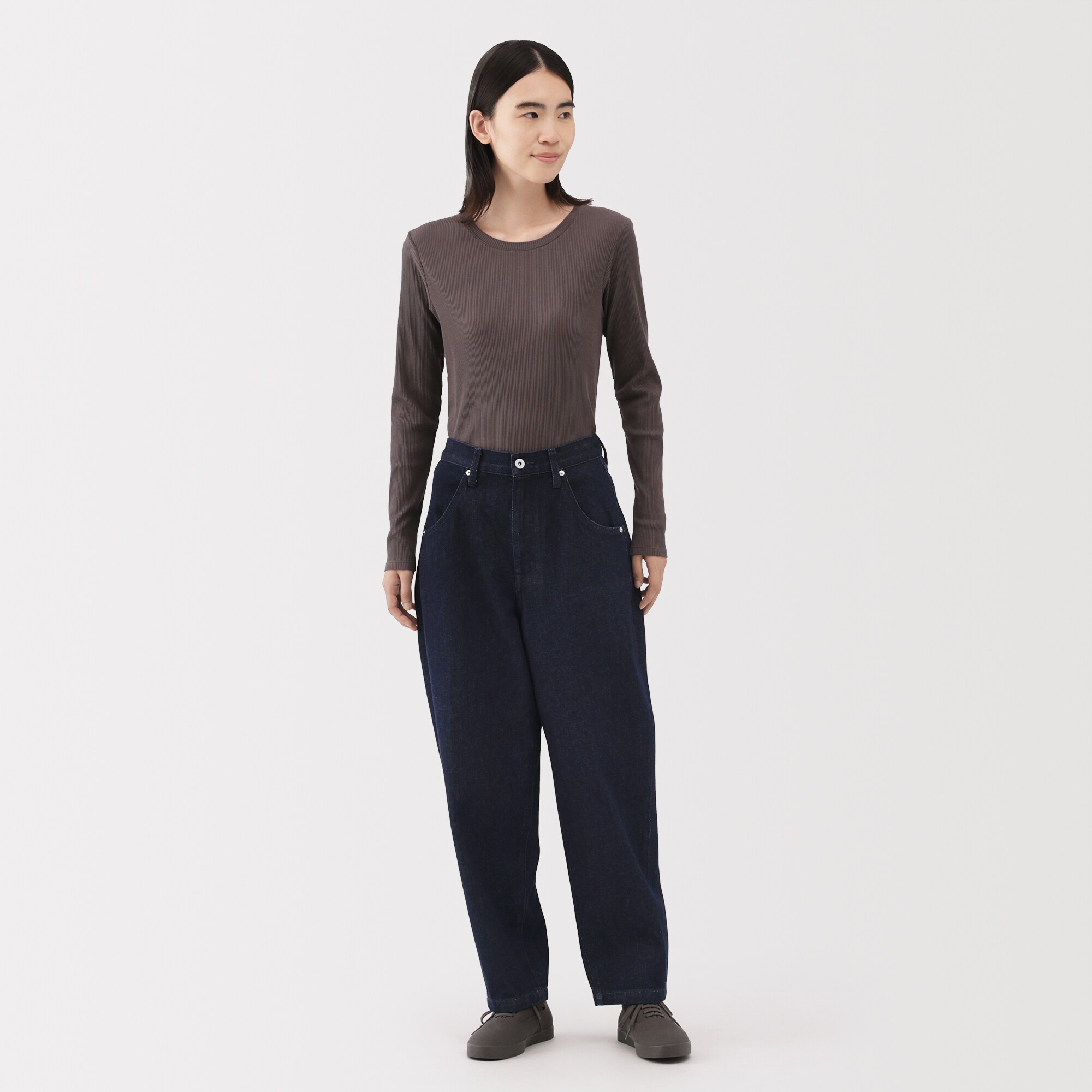 婦人　木の実から作ったカポック混　デニムバレルパンツ