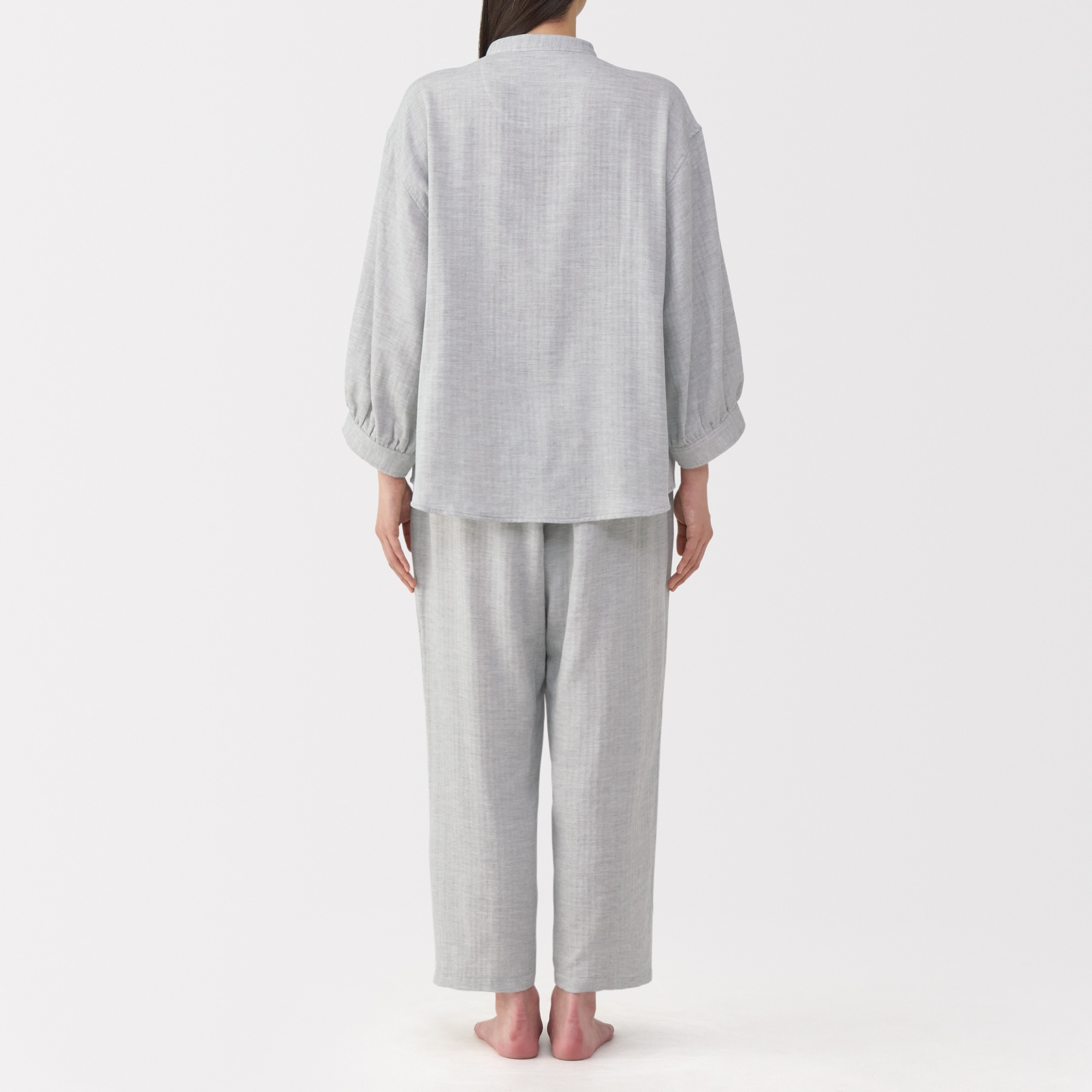 婦人　ヘリンボーンガーゼ　スタンドカラー八分袖パジャマ
