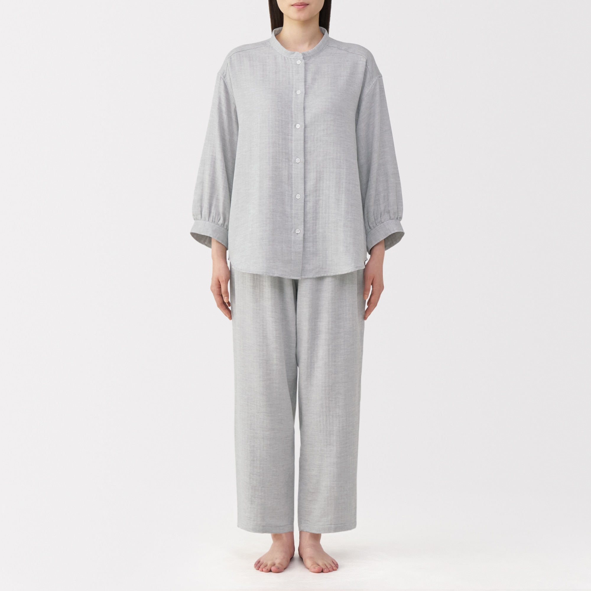 婦人　ヘリンボーンガーゼ　スタンドカラー八分袖パジャマ