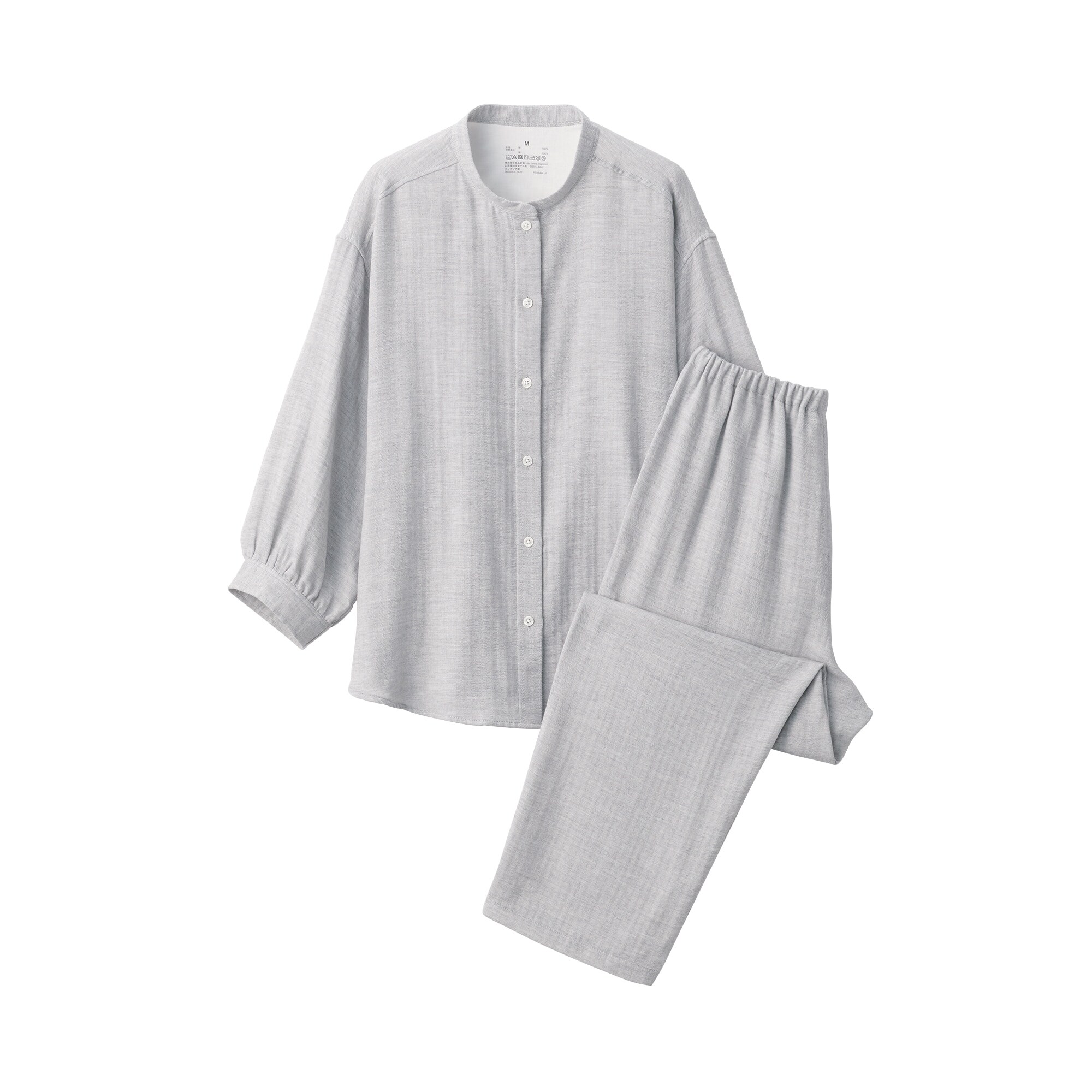 婦人　ヘリンボーンガーゼ　スタンドカラー八分袖パジャマ