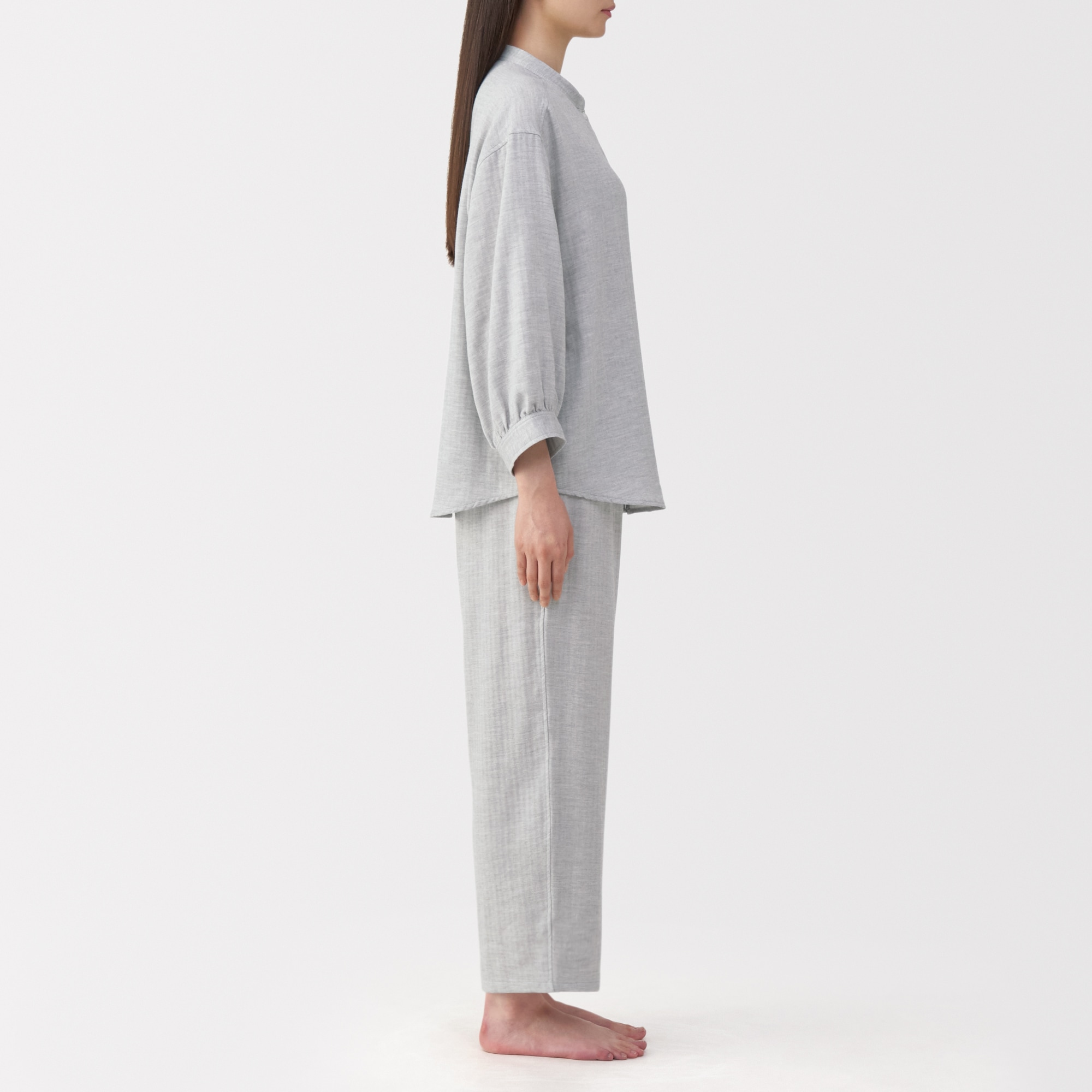 婦人　ヘリンボーンガーゼ　スタンドカラー八分袖パジャマ