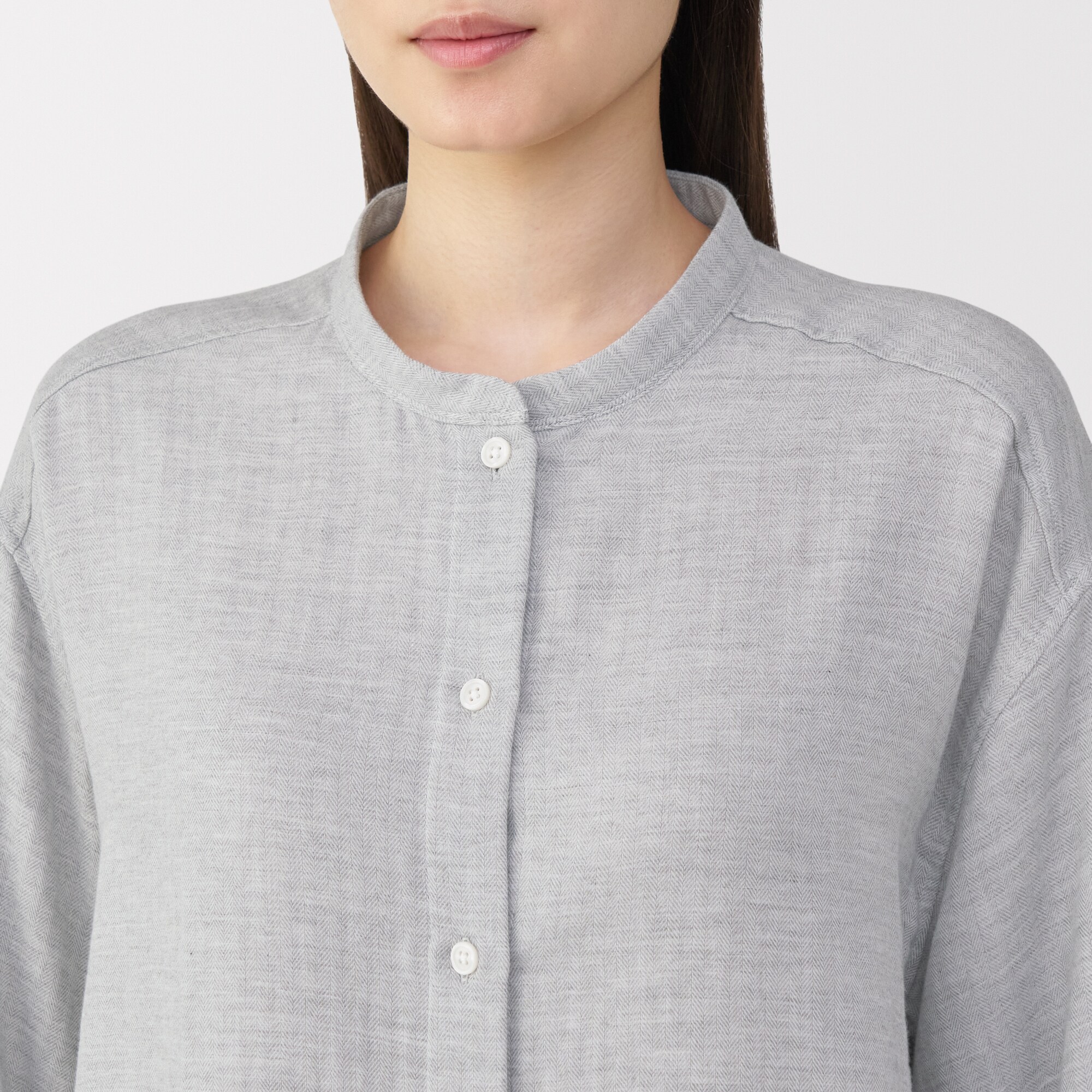 婦人　ヘリンボーンガーゼ　スタンドカラー八分袖パジャマ