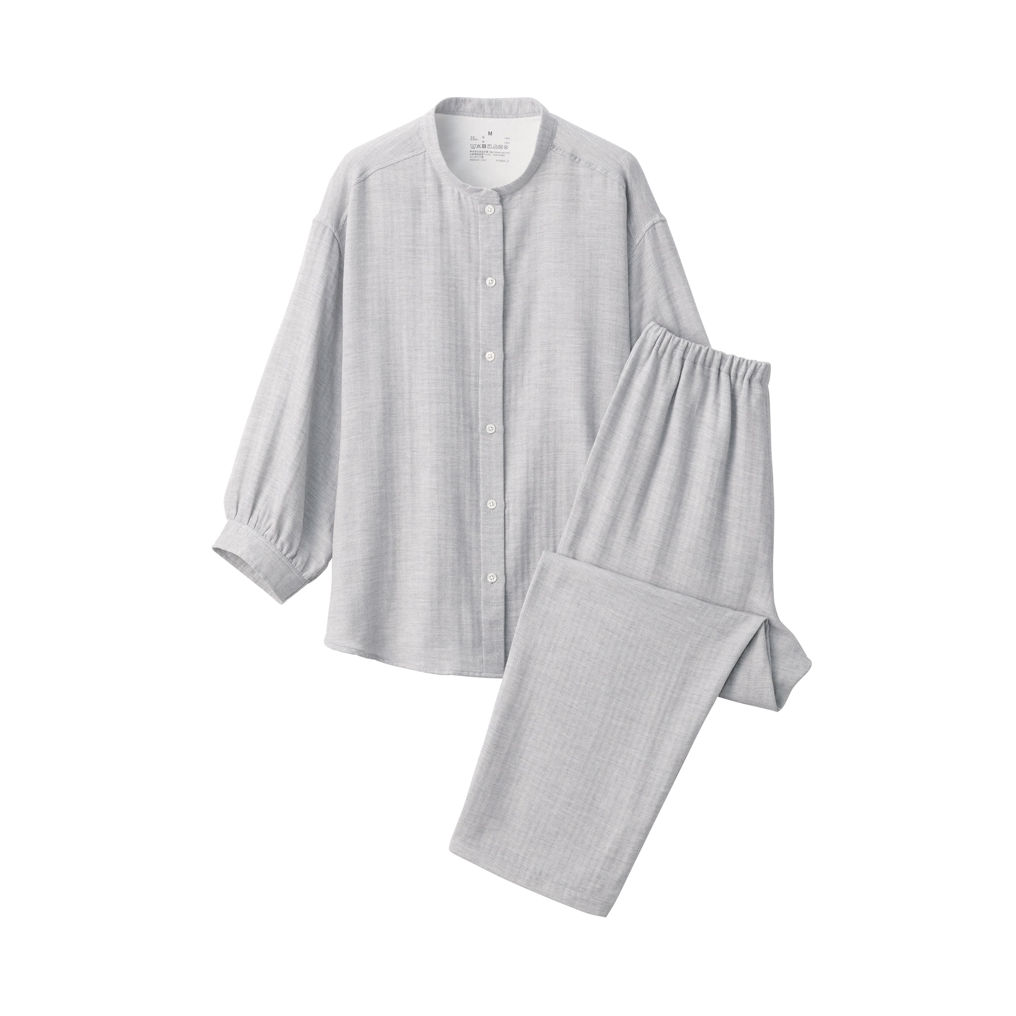 婦人　ヘリンボーンガーゼ　スタンドカラー八分袖パジャマ