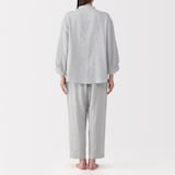 婦人　ヘリンボーンガーゼ　スタンドカラー八分袖パジャマ