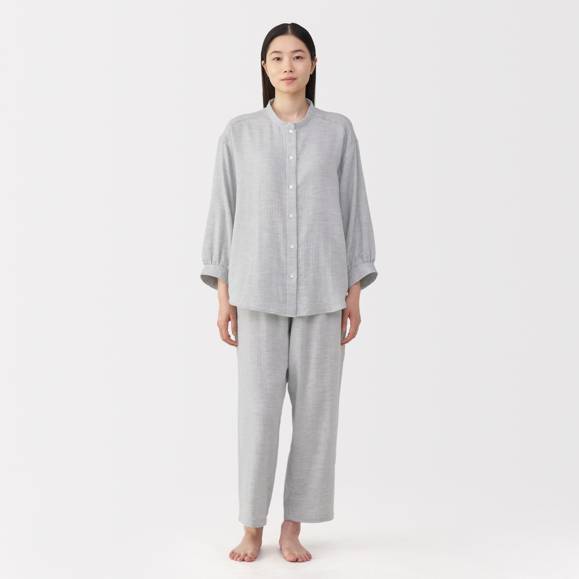 婦人　ヘリンボーンガーゼ　スタンドカラー八分袖パジャマ