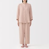 婦人　ヘリンボーンガーゼ　スタンドカラー八分袖パジャマ