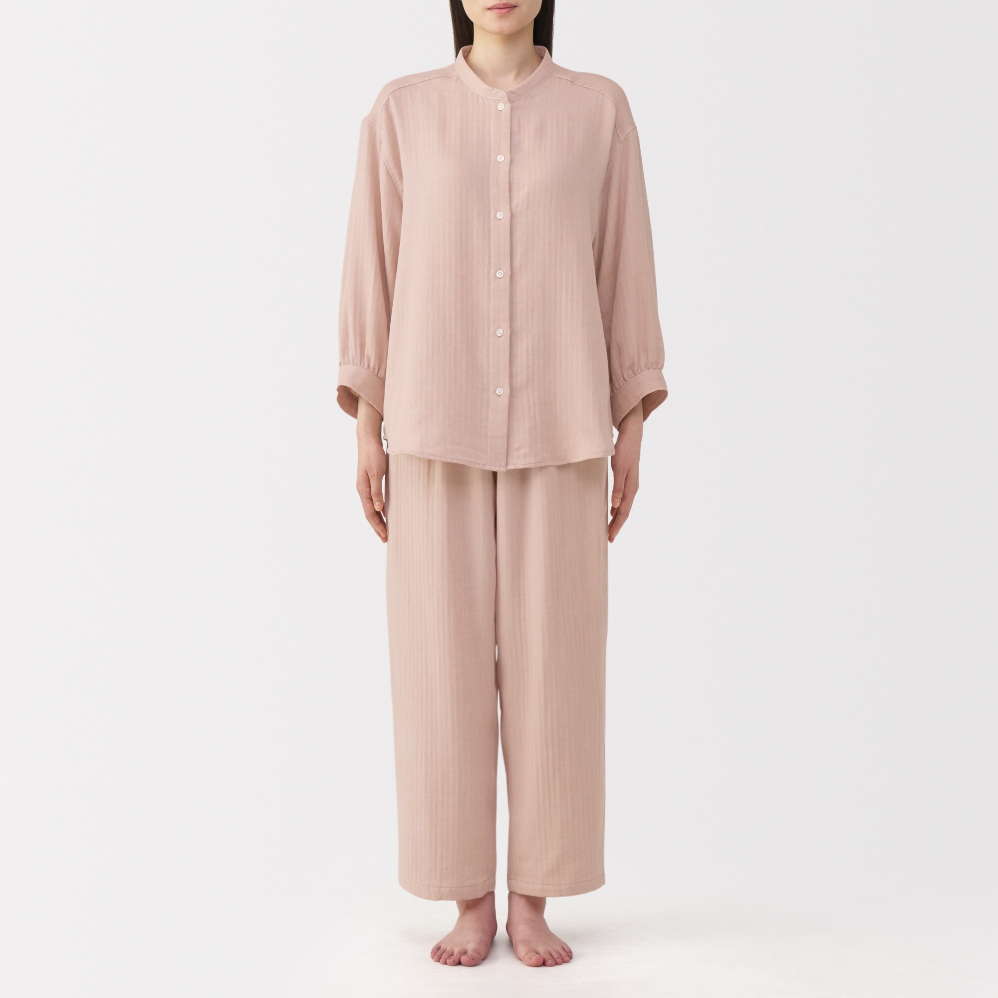 婦人　ヘリンボーンガーゼ　スタンドカラー八分袖パジャマ