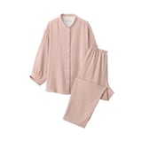 婦人　ヘリンボーンガーゼ　スタンドカラー八分袖パジャマ