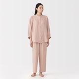 婦人　ヘリンボーンガーゼ　スタンドカラー八分袖パジャマ