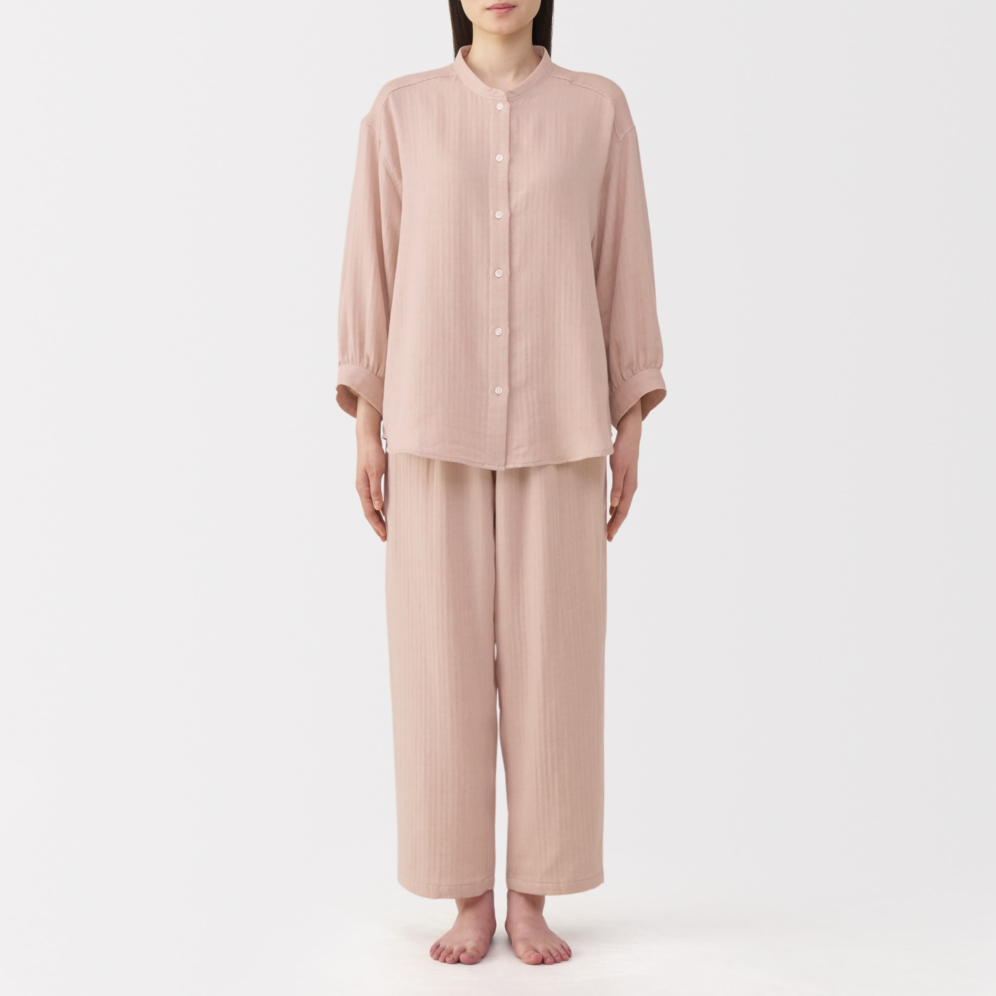 婦人　ヘリンボーンガーゼ　スタンドカラー八分袖パジャマ