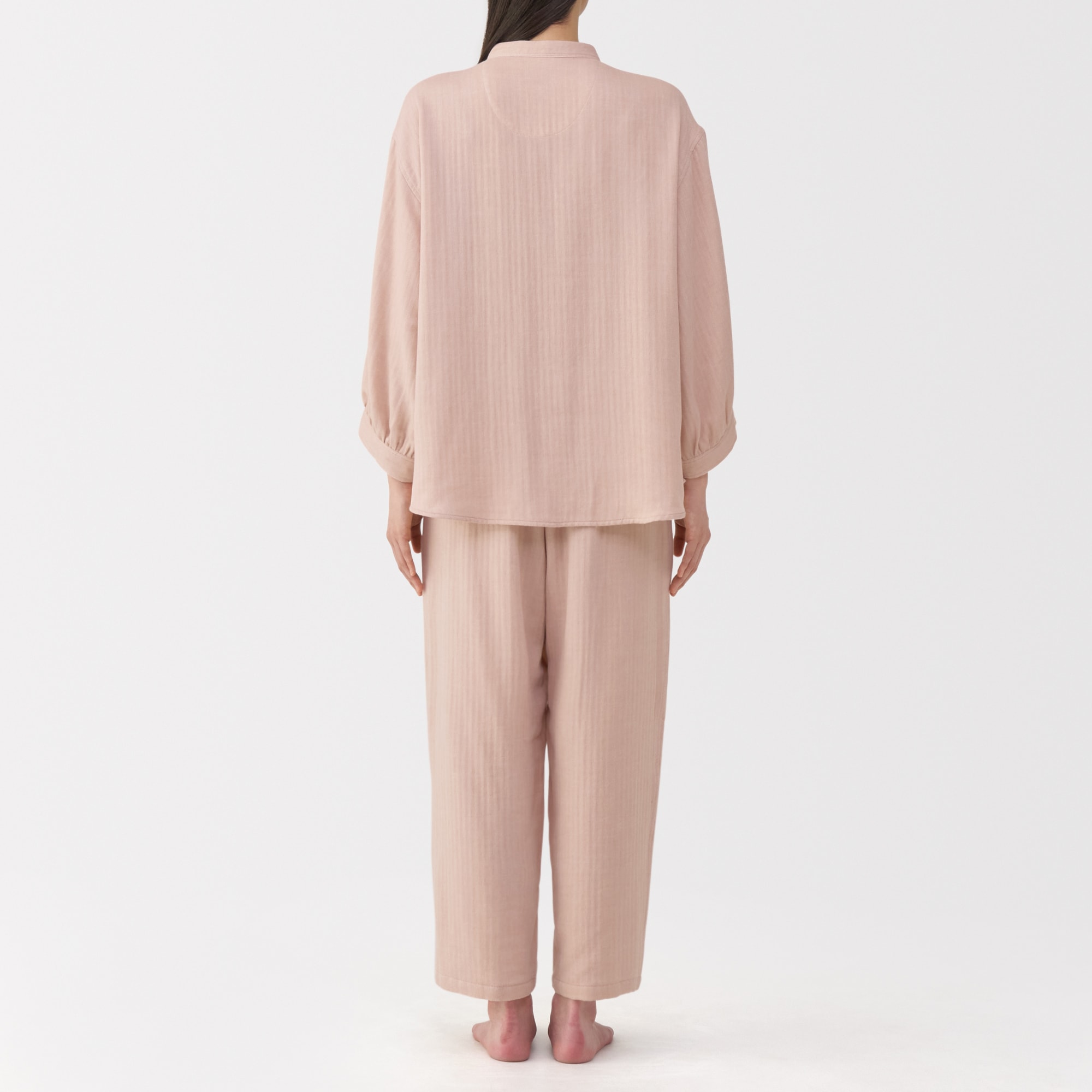 婦人　ヘリンボーンガーゼ　スタンドカラー八分袖パジャマ