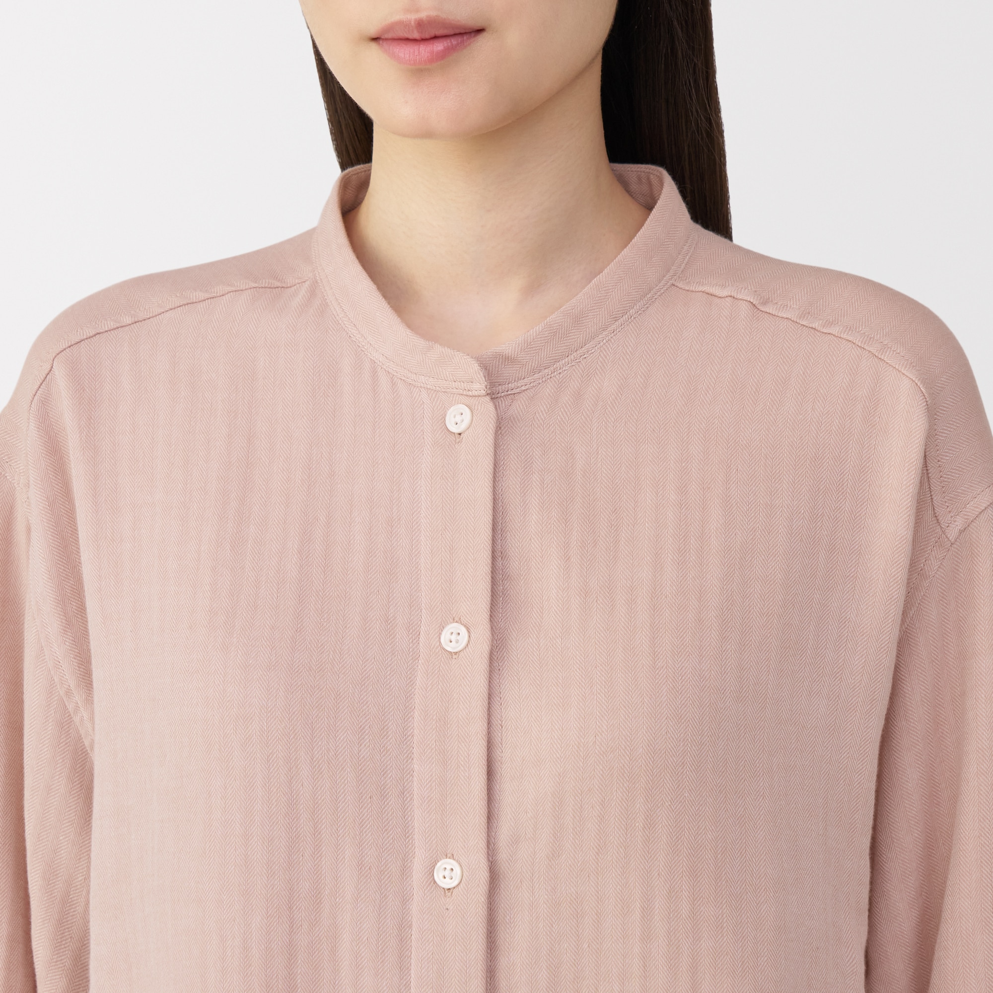 婦人　ヘリンボーンガーゼ　スタンドカラー八分袖パジャマ