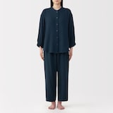 婦人　ヘリンボーンガーゼ　スタンドカラー八分袖パジャマ