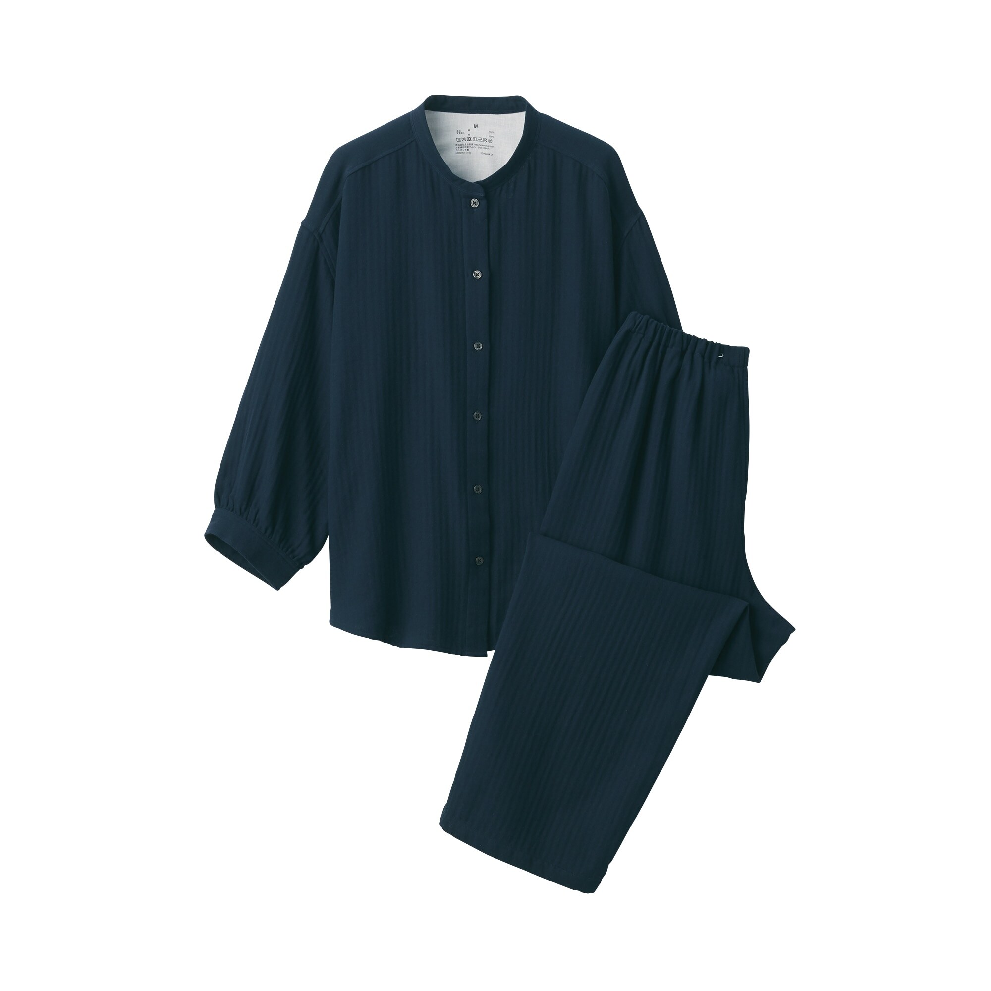 婦人　ヘリンボーンガーゼ　スタンドカラー八分袖パジャマ