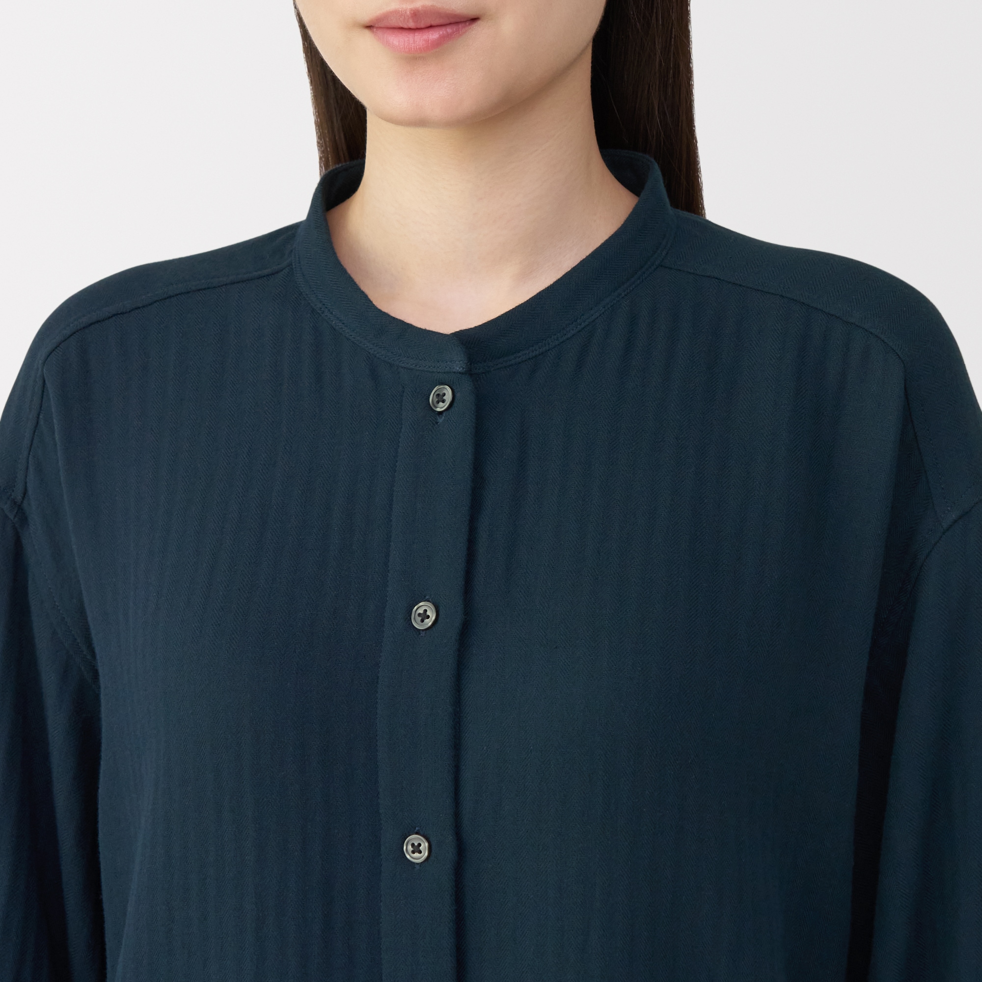 婦人　ヘリンボーンガーゼ　スタンドカラー八分袖パジャマ