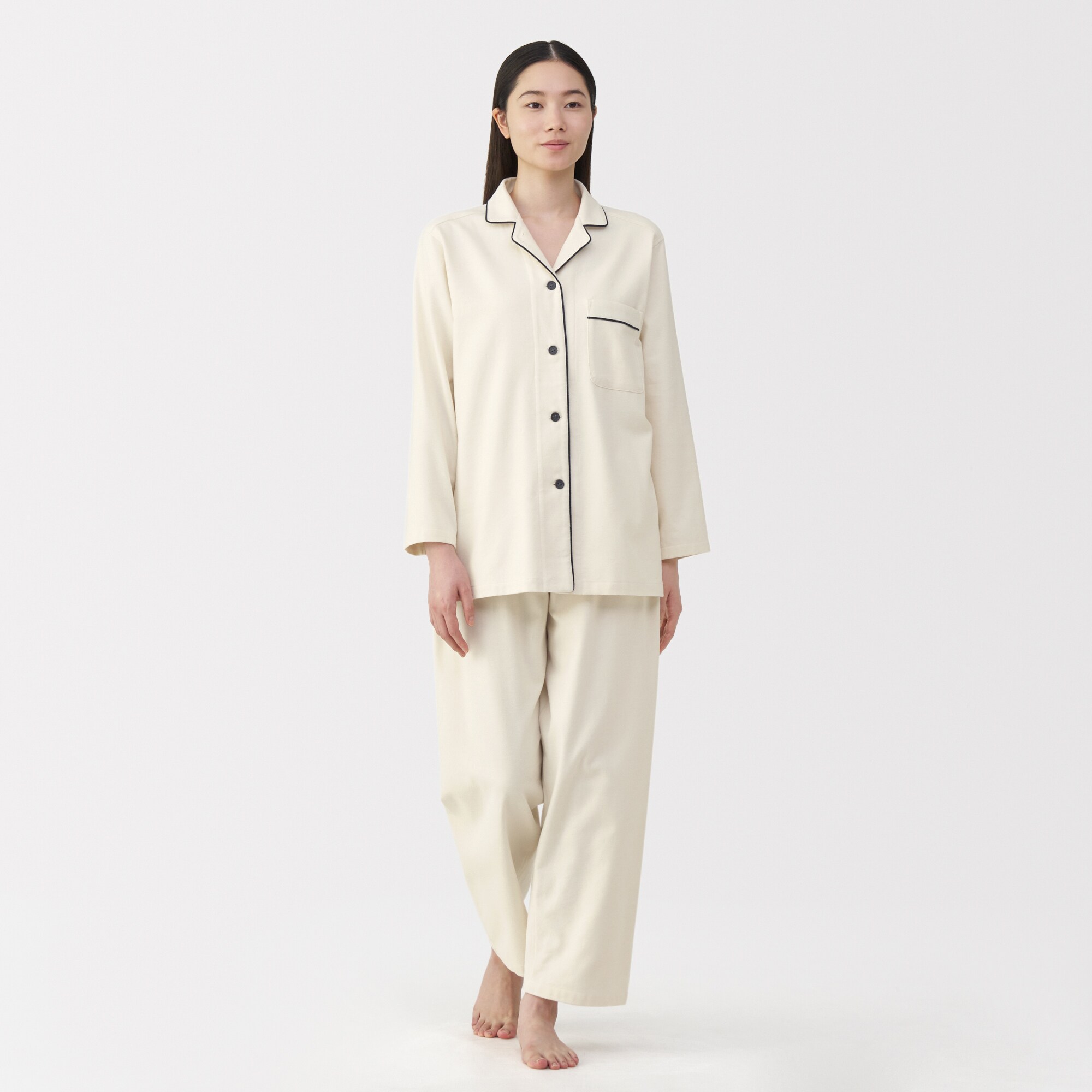婦人　脇に縫い目のない　フランネル長袖パジャマ