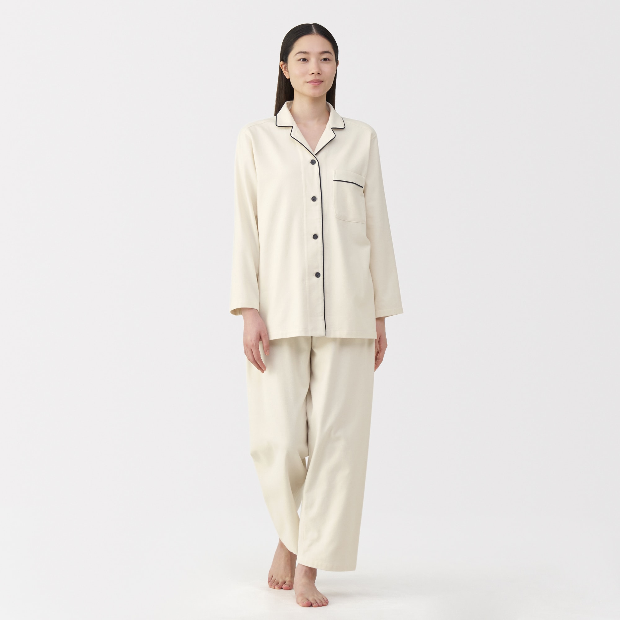 ユキロ無印脇に縫い目のないフランネル長袖パジャマアイボリー ダークネイビー 婦人 脇に縫い目のない フランネル長袖パジャマ | 無印良品
